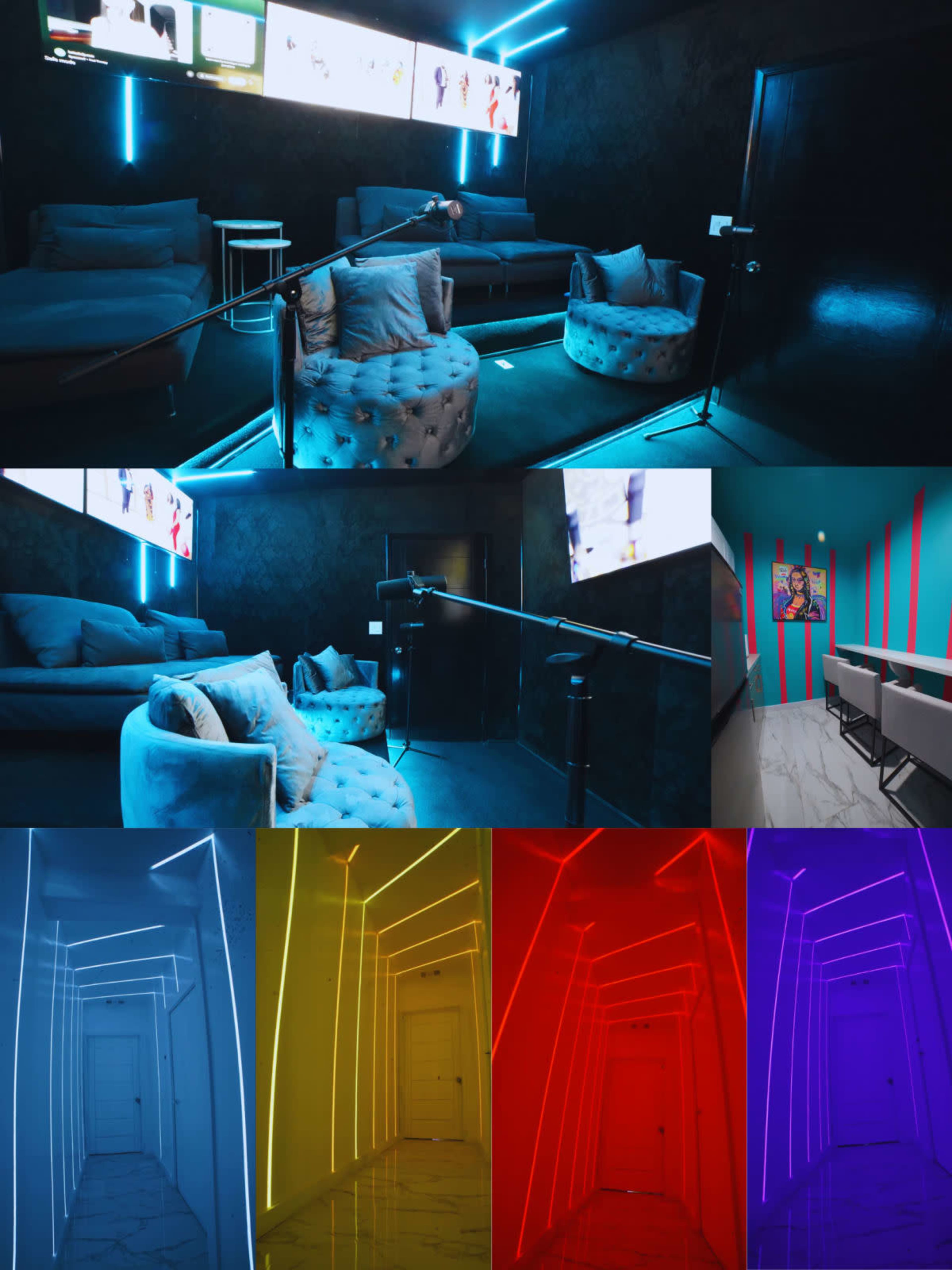 The image depicts a modern karaoke room with plush seating, colorful neon lighting, and a microphone setup, alongside multiple screens displaying various visuals.