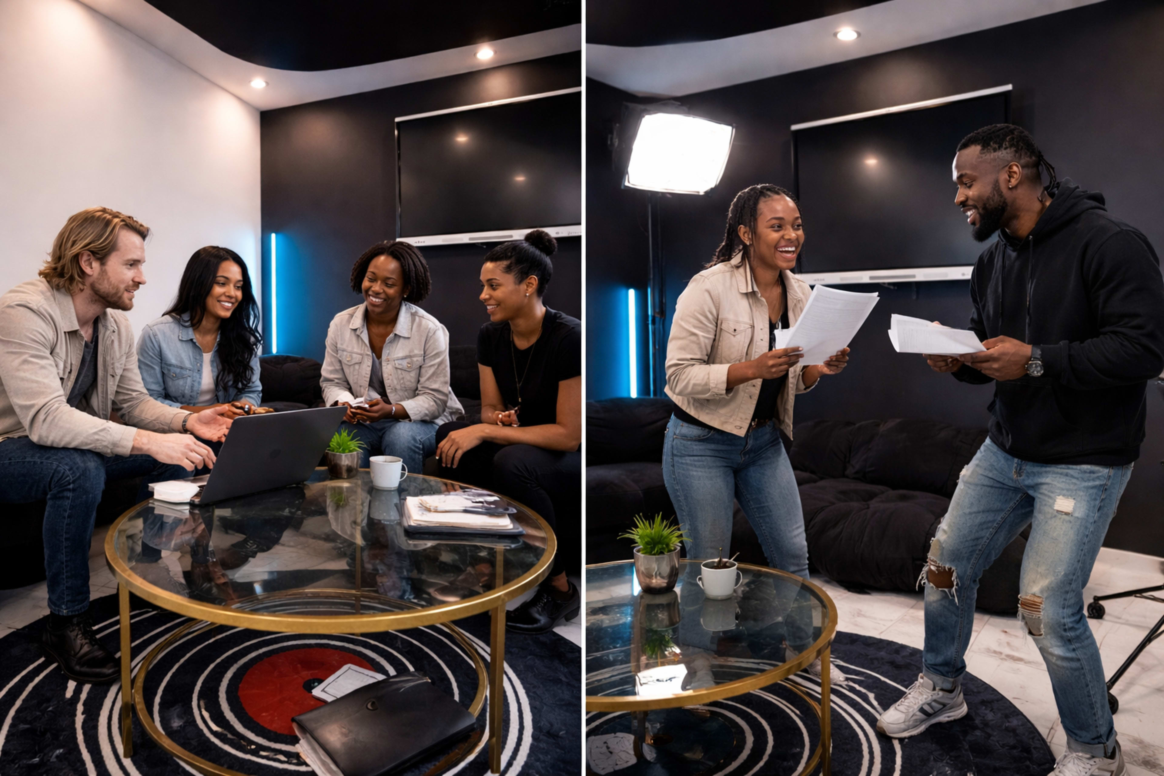 A group of five people is gathered in a modern lounge, engaging in a collaborative discussion while reviewing materials and using a laptop.