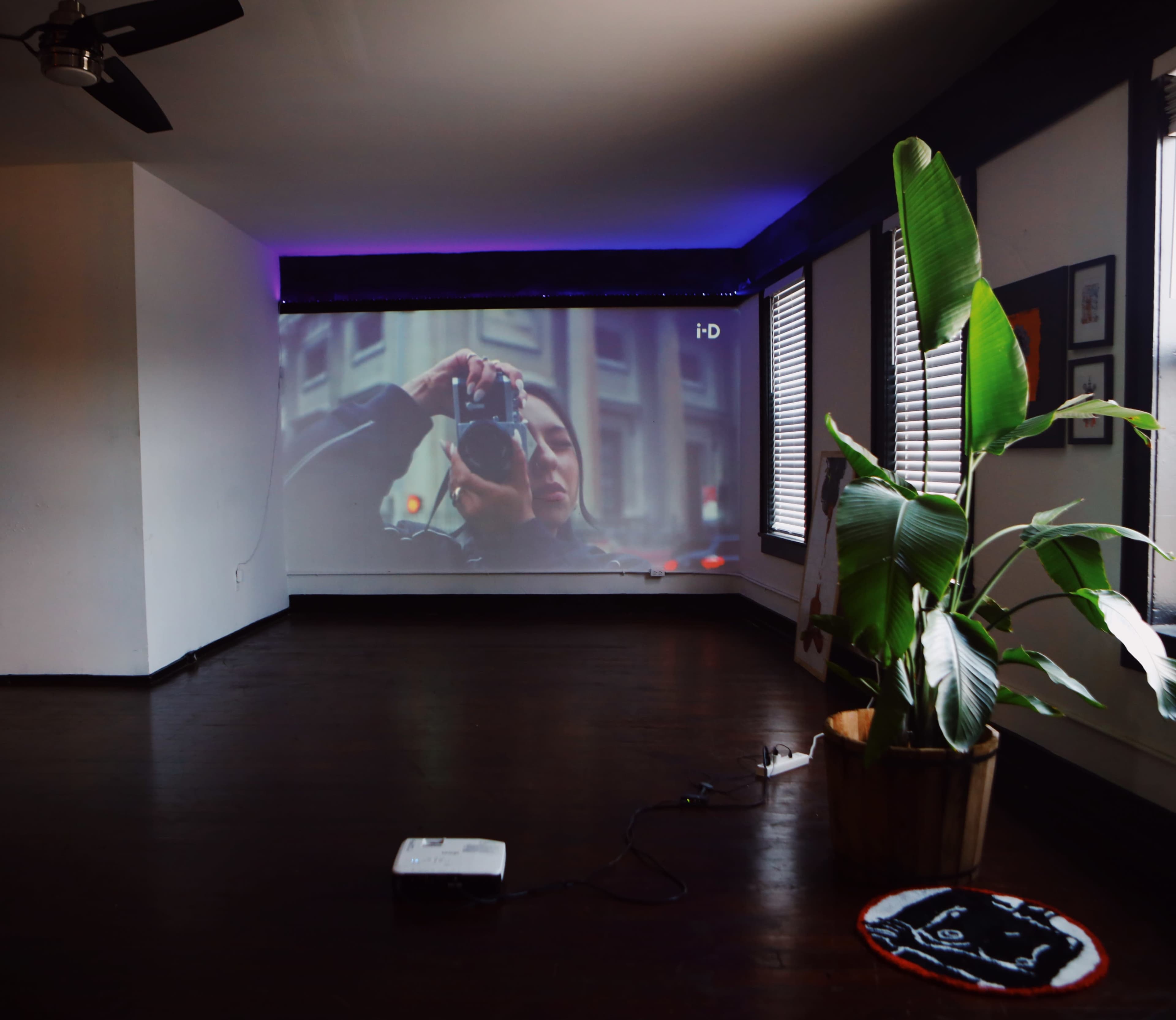 A person is projected onto a wall in an empty room, holding a camera, with a potted plant and a projector visible in the foreground.