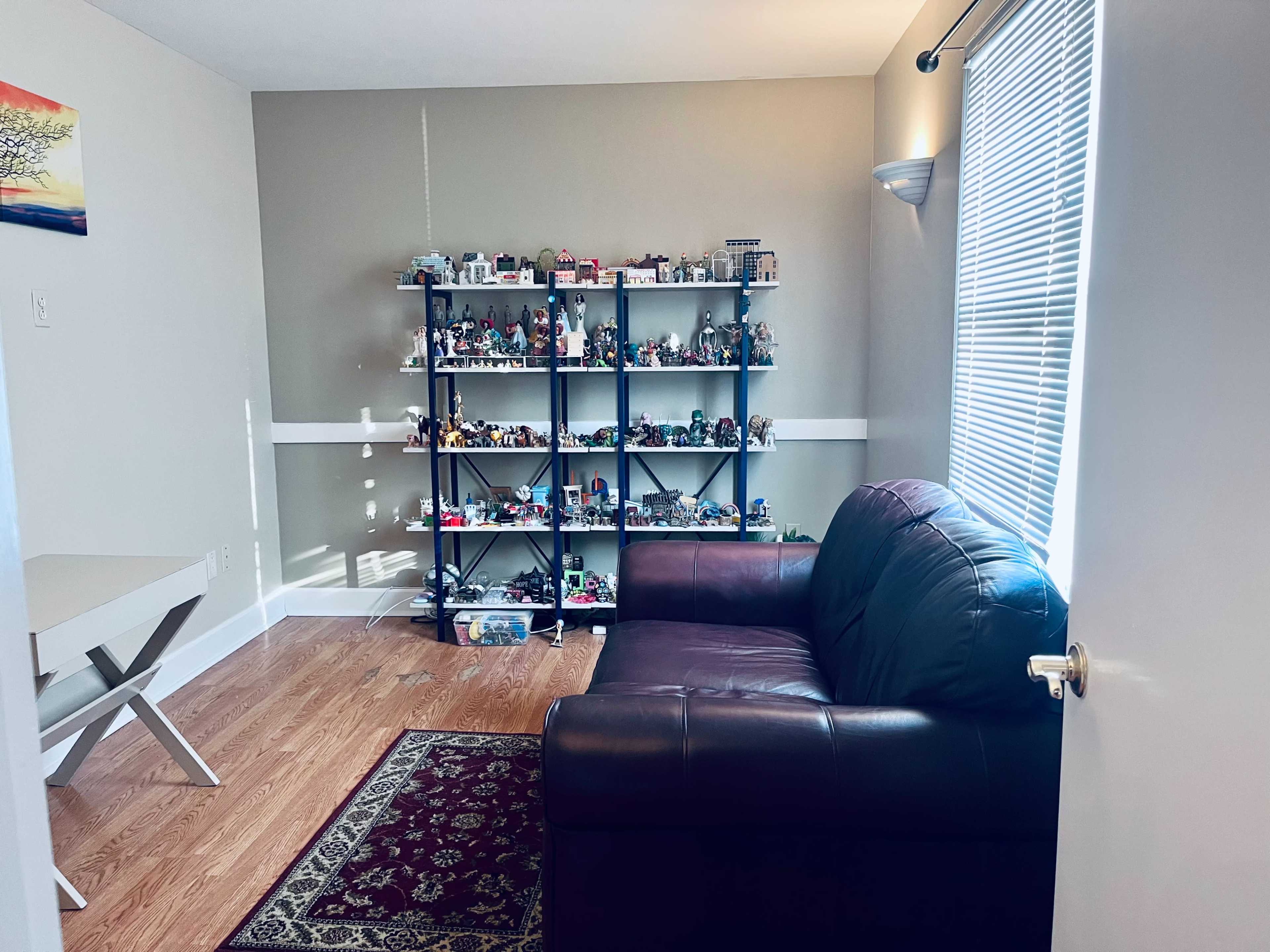 A room features a dark couch facing a bookshelf filled with various action figures and collectibles, with a window allowing natural light to enter.