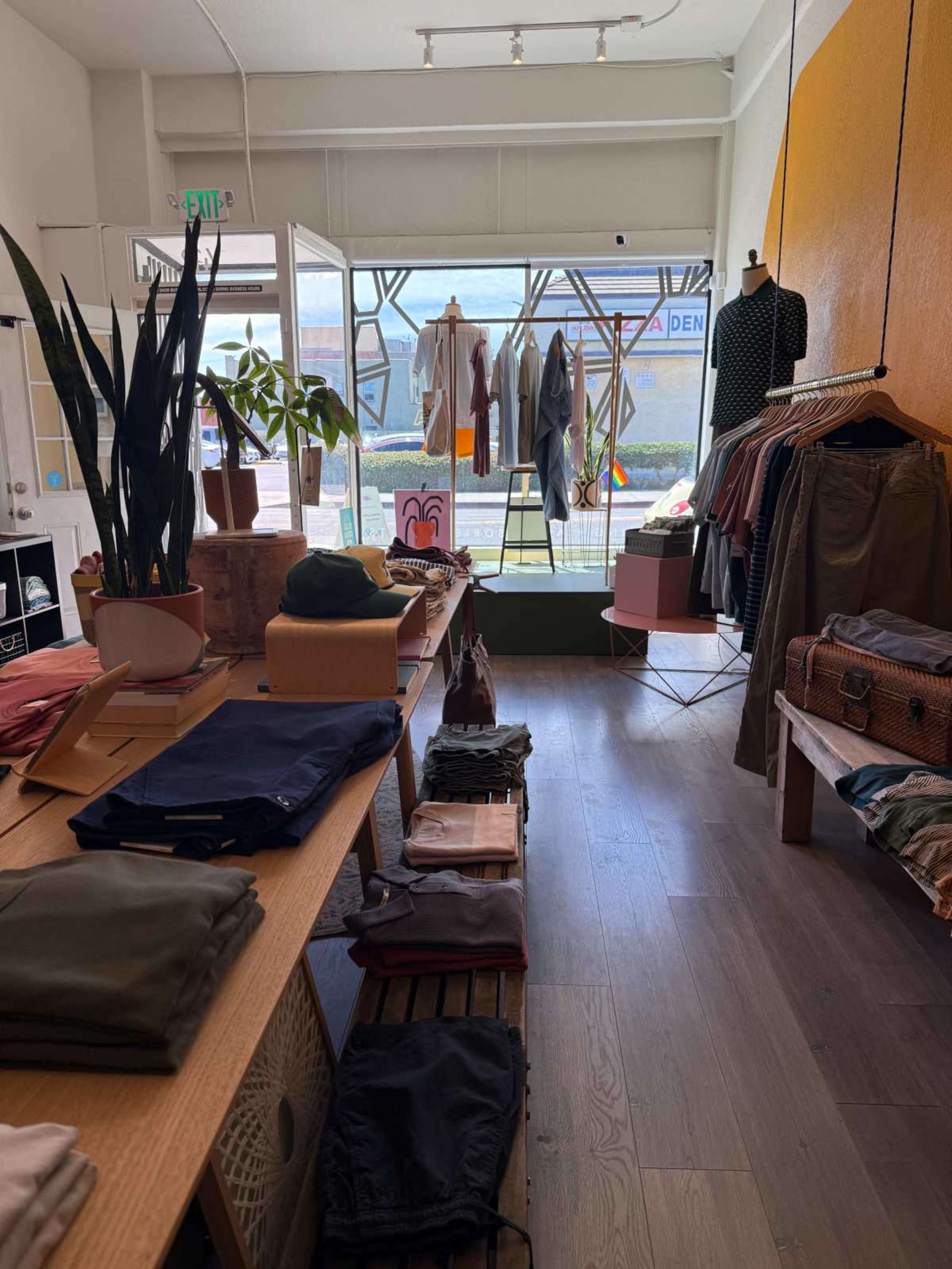 The image shows the interior of a clothing boutique with neatly arranged apparel on shelves and tables, a large window letting in natural light, and a few plants decorating the space.