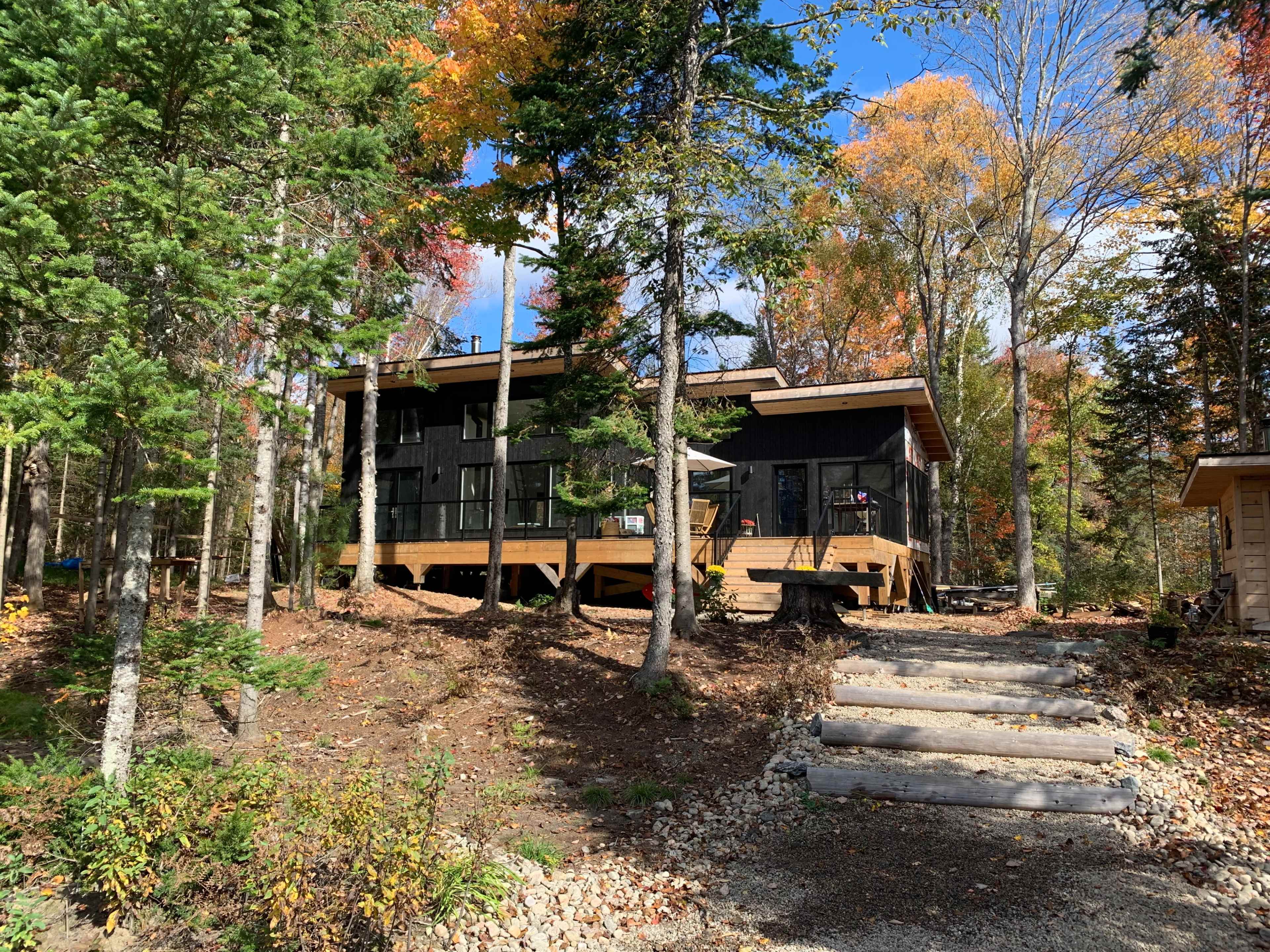 A modern black cabin is surrounded by trees and autumn foliage, with a stone pathway leading to its entrance.