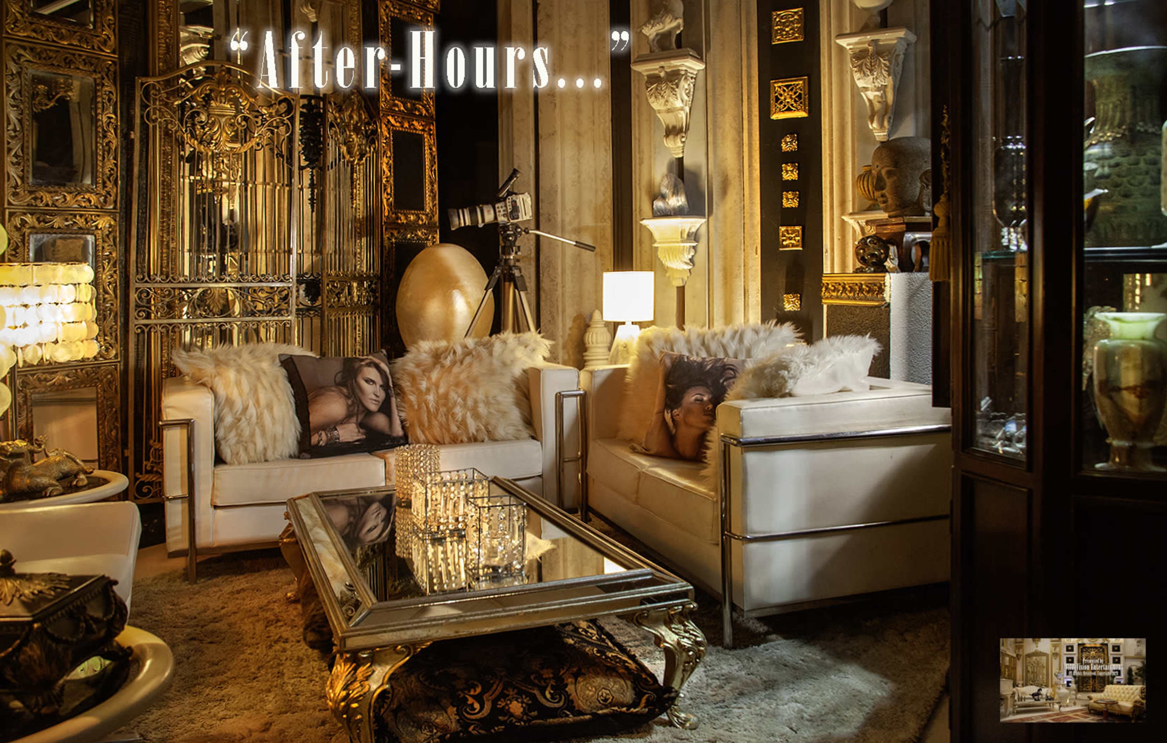 The image depicts a luxurious living room featuring elegant white sofas adorned with decorative pillows, a glass coffee table, and intricate golden accents on the walls and furnishings.