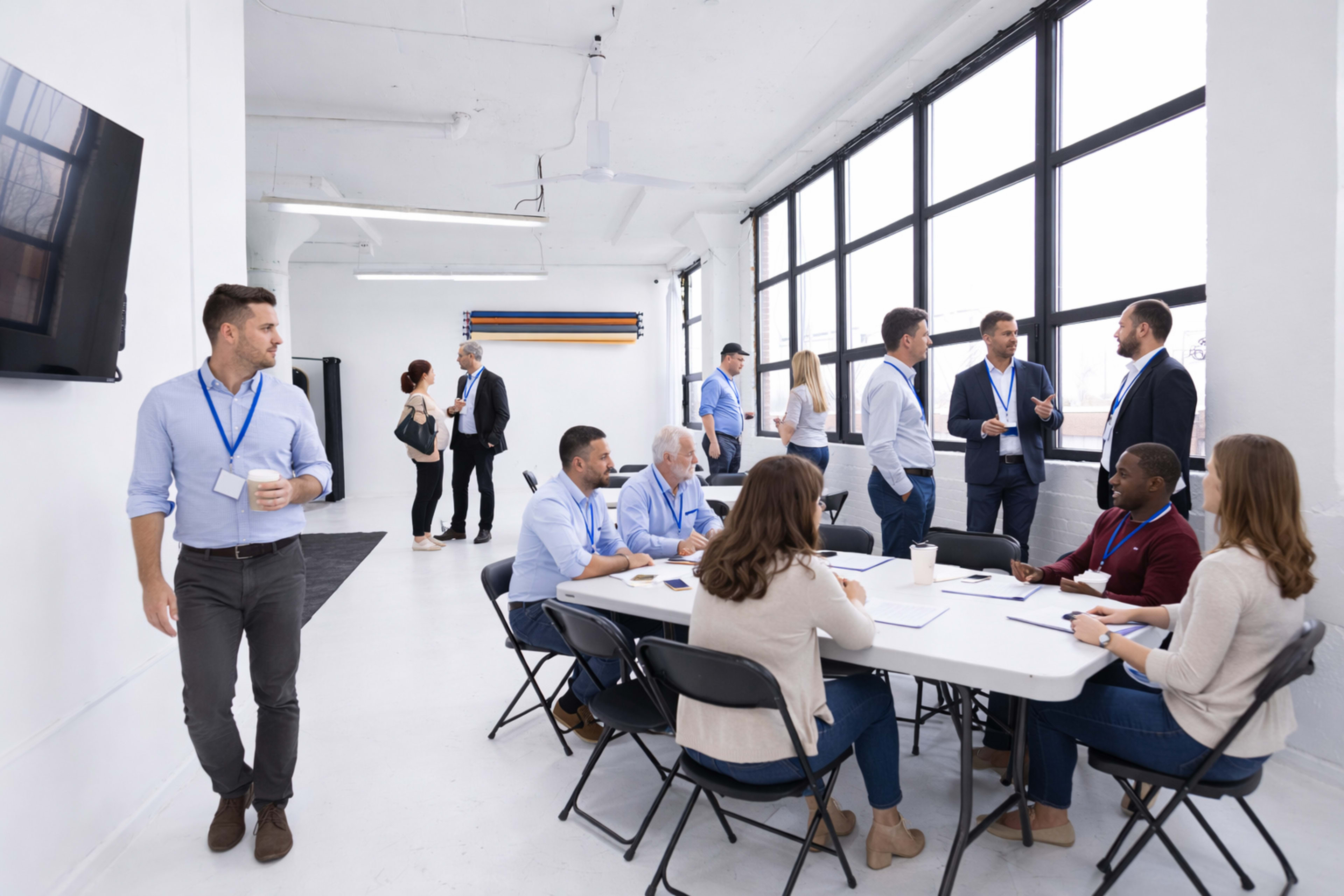 A group of people are engaged in a meeting around a table, while others converse near large windows in a modern, brightly lit office space.