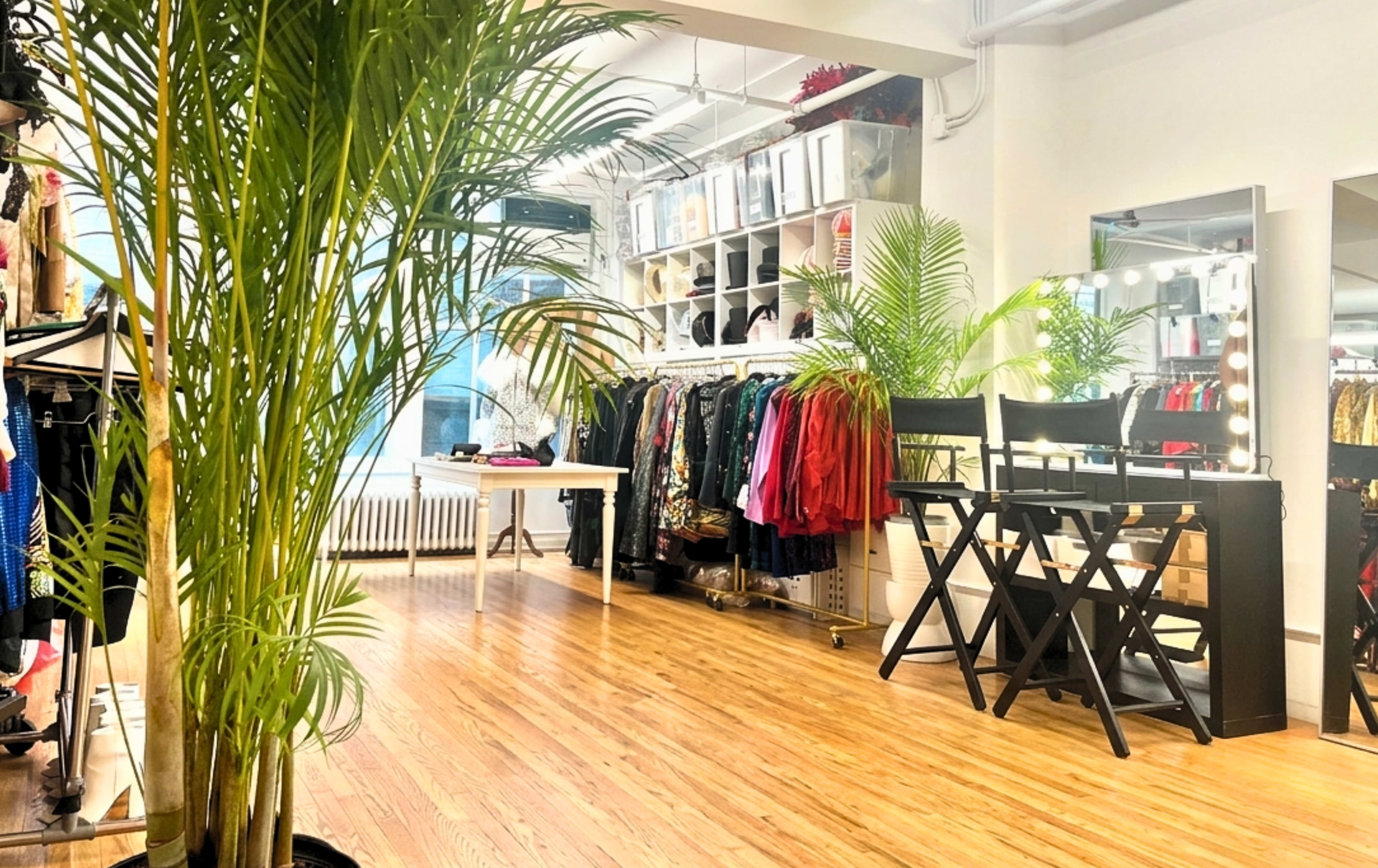 The image shows a clothing boutique with hanging garments, a styled mirror area, and potted plants in a bright, well-lit space.