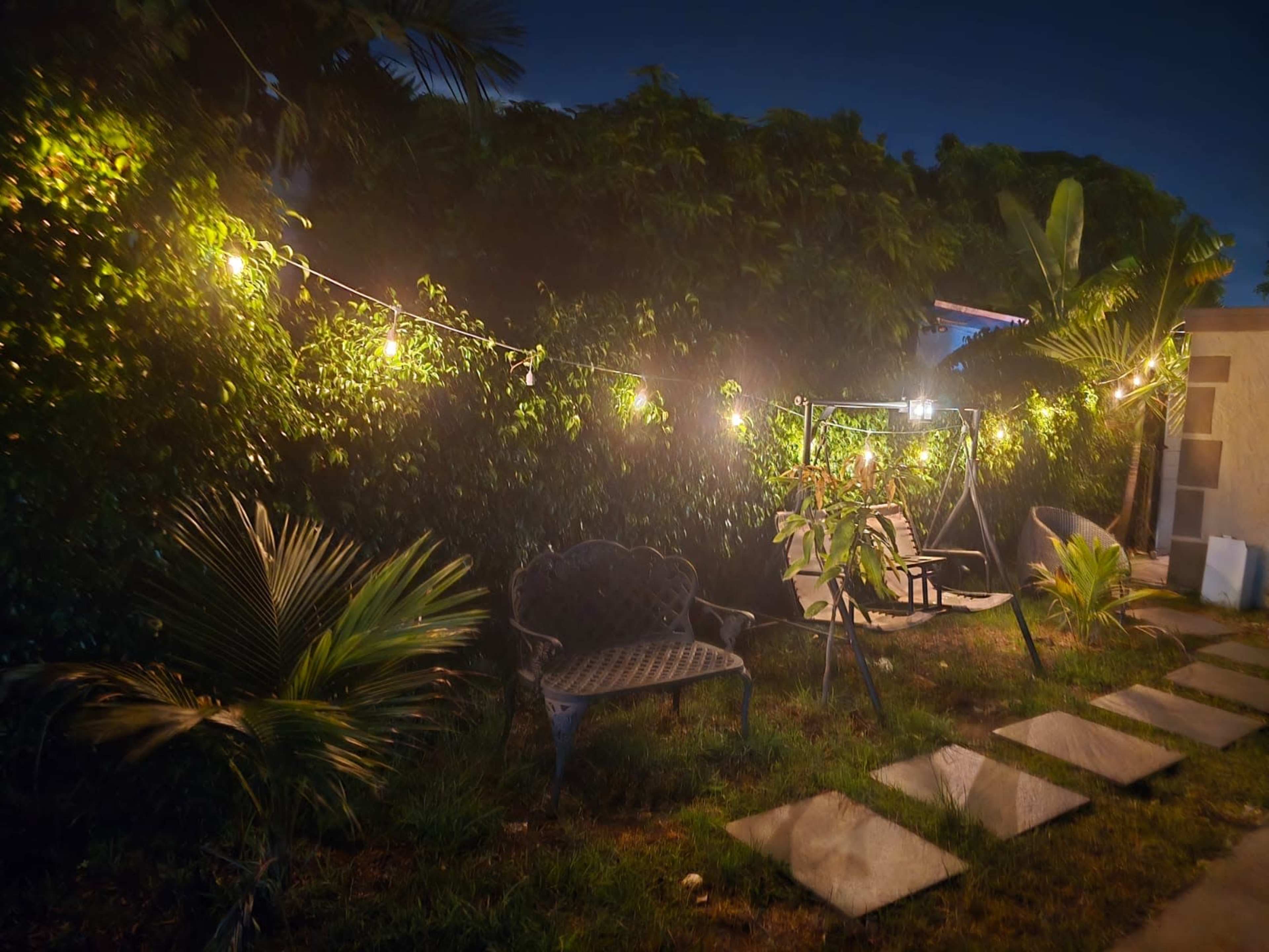 The image shows a garden at night, featuring a small seating area with benches, illuminated by string lights, surrounded by lush greenery.