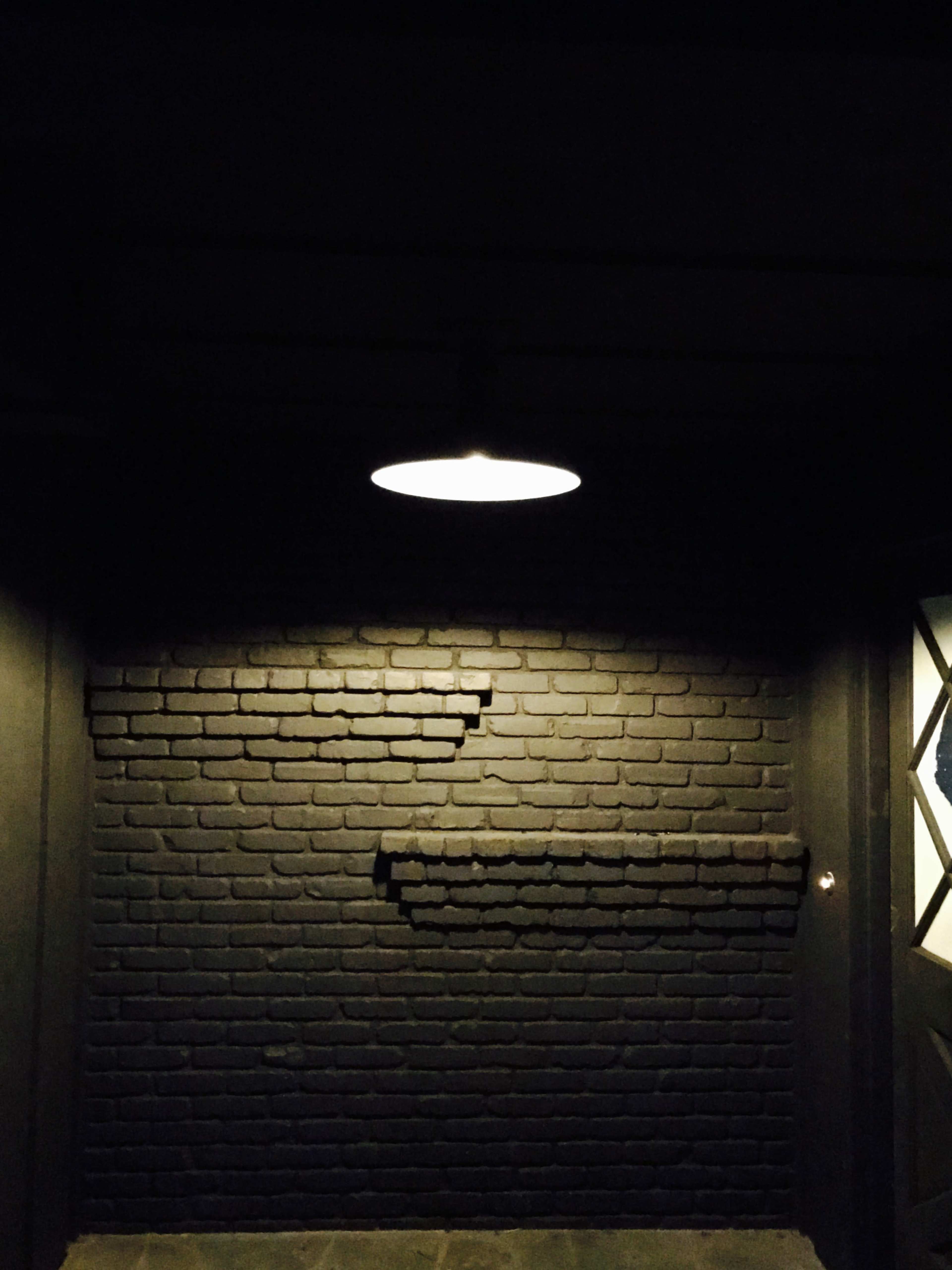 A single light bulb illuminates a dimly lit hallway with a textured brick wall.