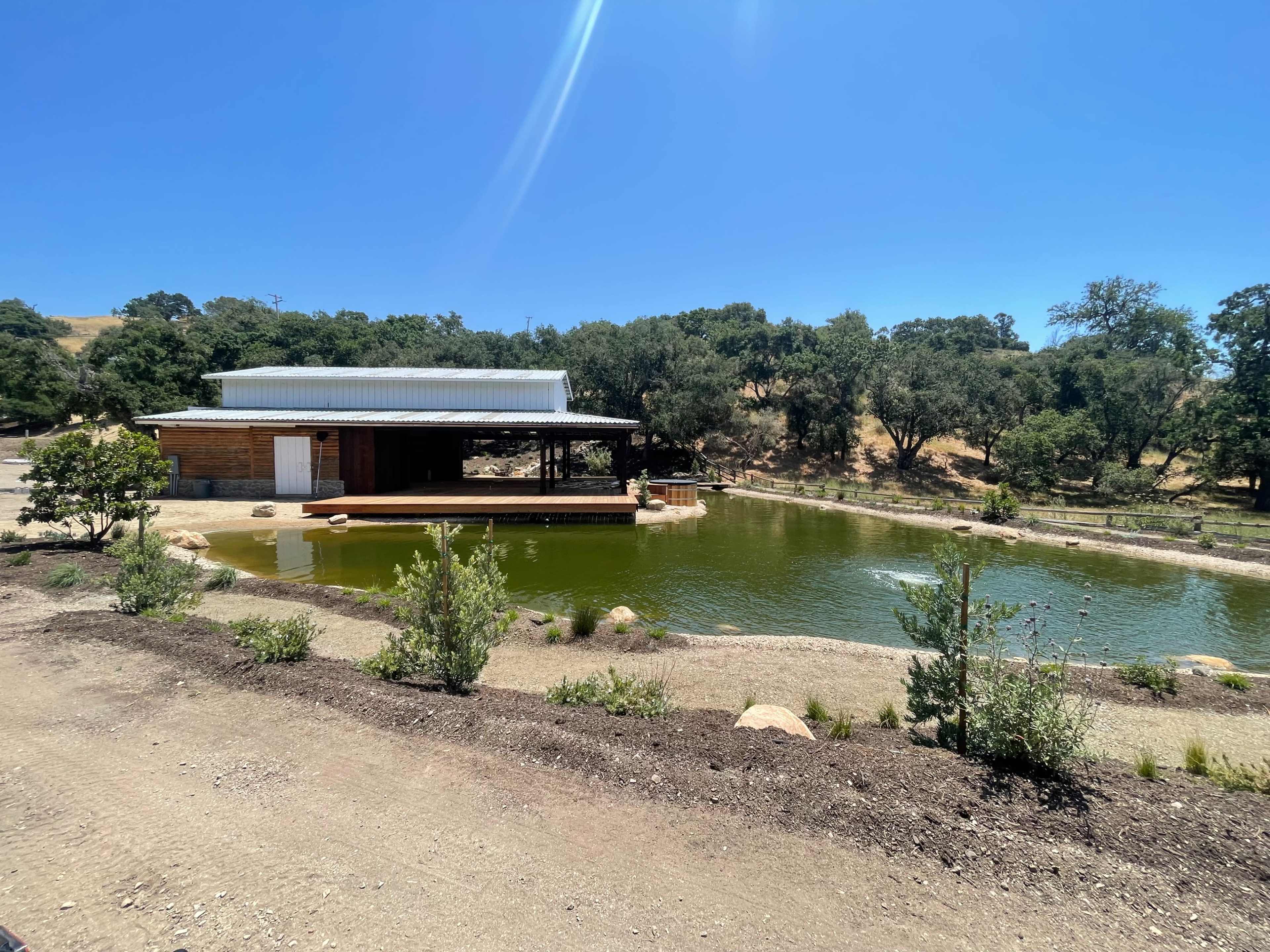 A modern building with a metal roof is situated beside a green pond, surrounded by trees and landscaping.