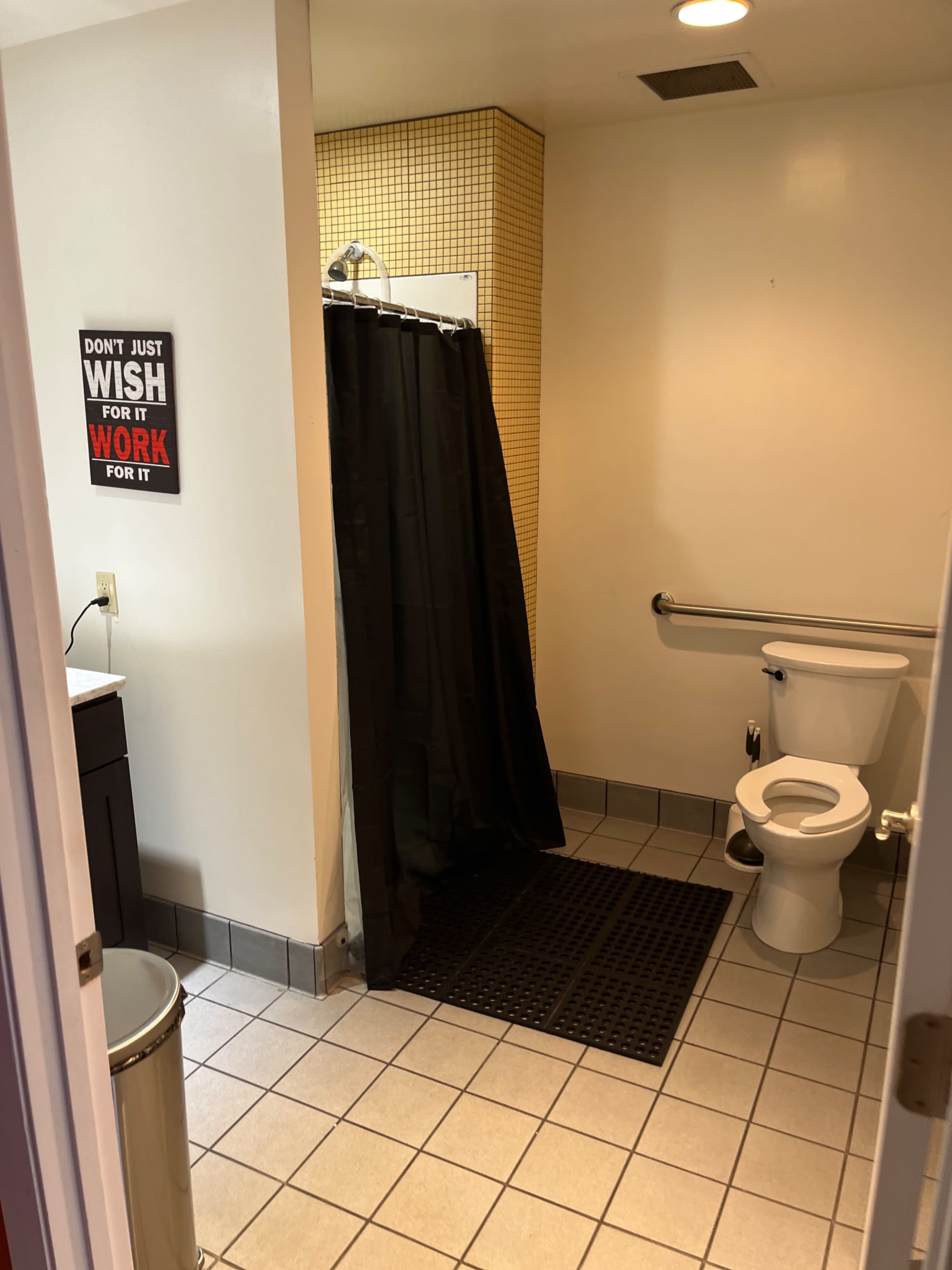 A bathroom with a shower area separated by a black curtain, a toilet, a small trash can, and a dark floor mat.