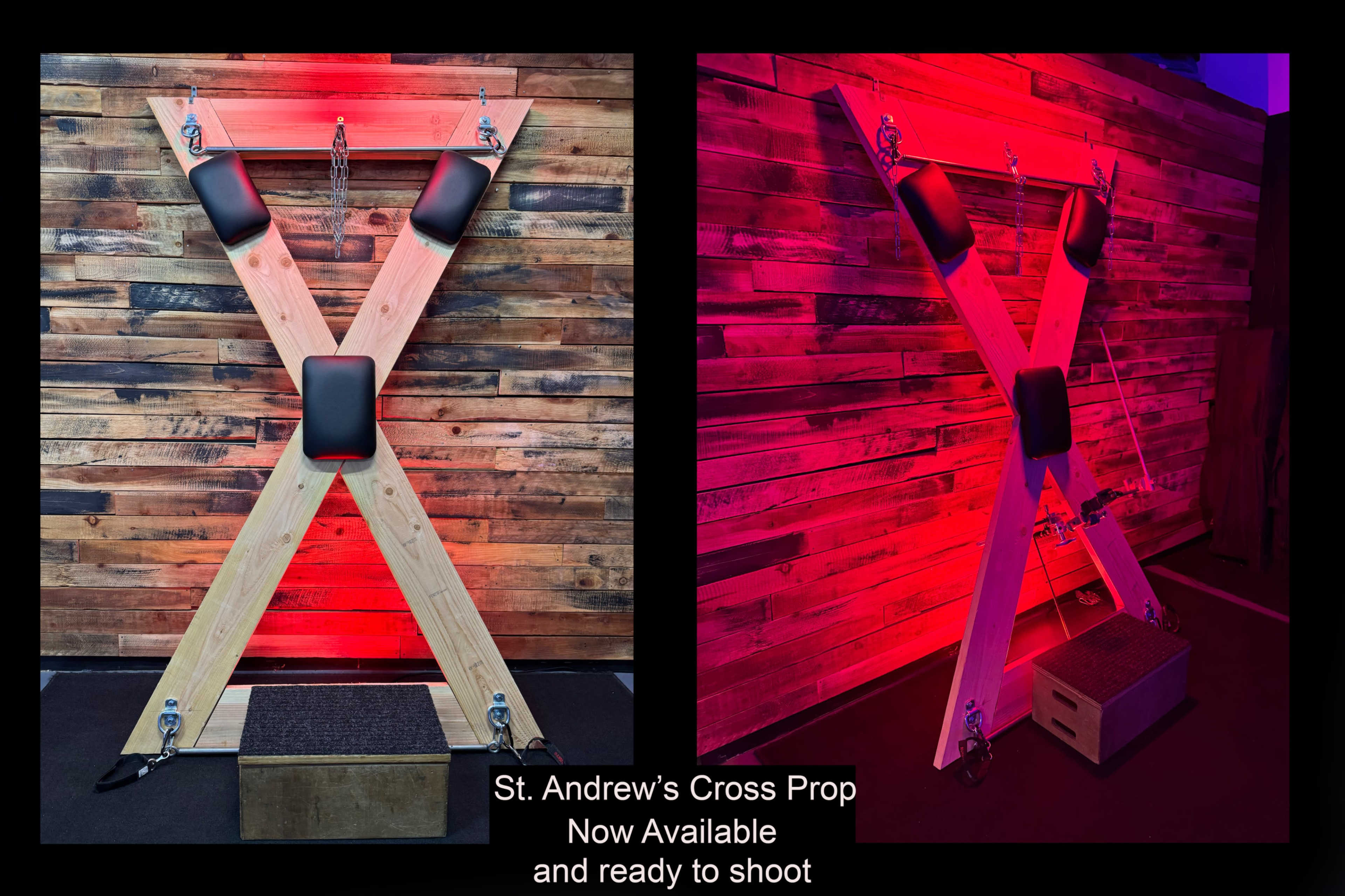 The image shows two views of a St. Andrew's Cross prop featuring wooden beams arranged in an "X" shape with padded supports and a red-lit backdrop.