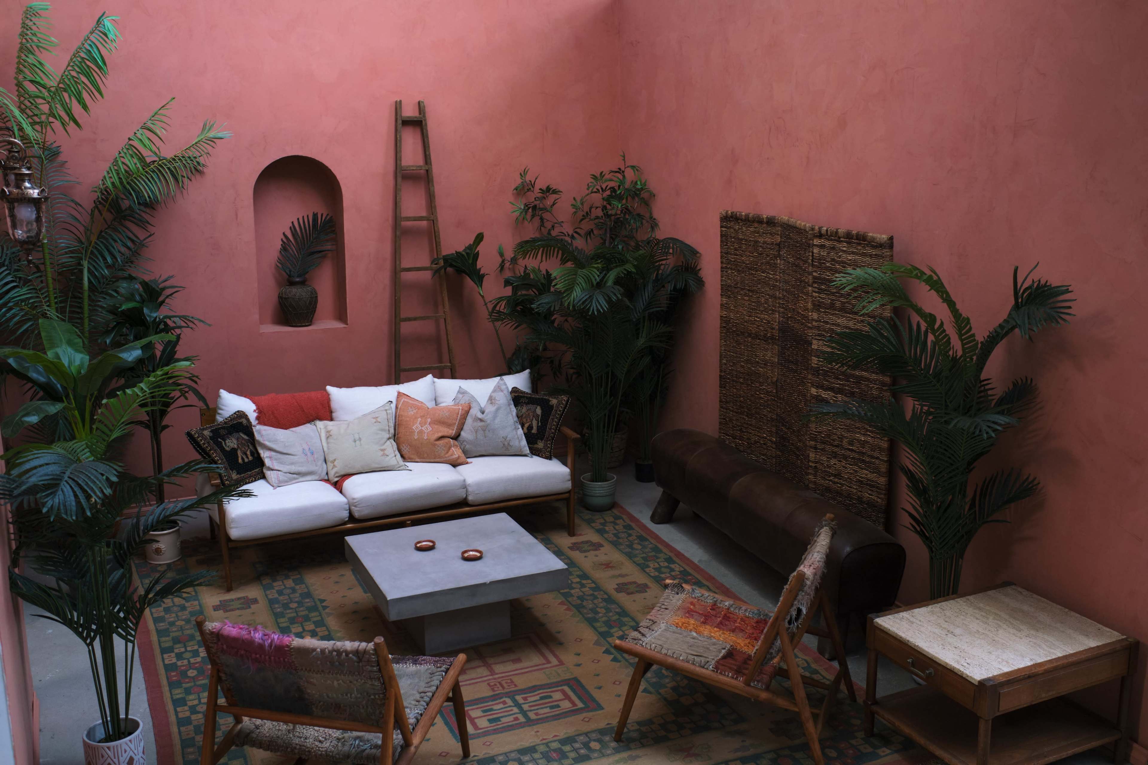 A cozy indoor seating area with a pink wall, various plants, a low coffee table, and comfortable furniture arranged around a patterned rug.