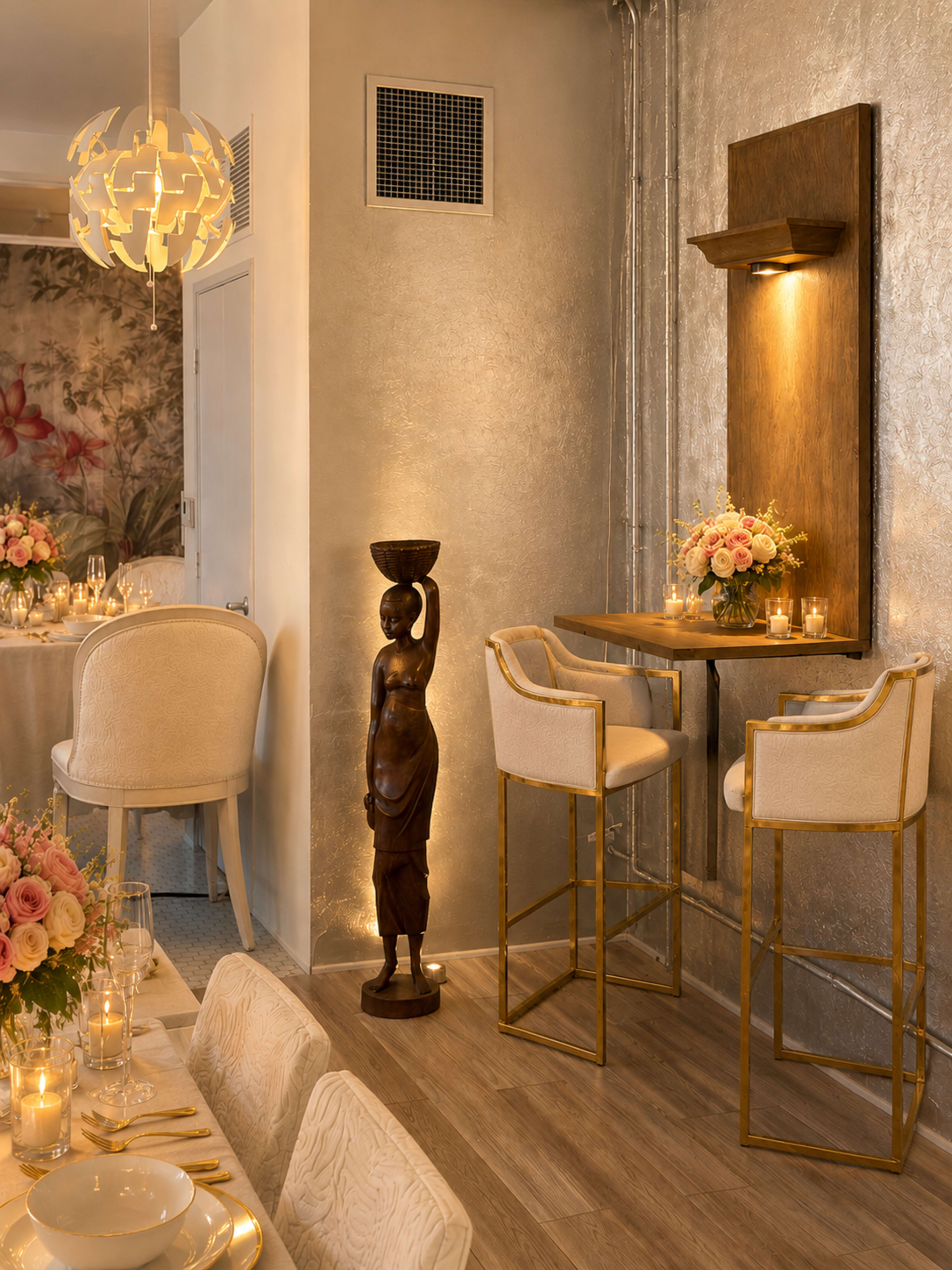 The image depicts a elegantly designed dining area with a gold and cream color scheme, featuring a high table with two upholstered stools, a decorative statue, and floral centerpieces on the table.
