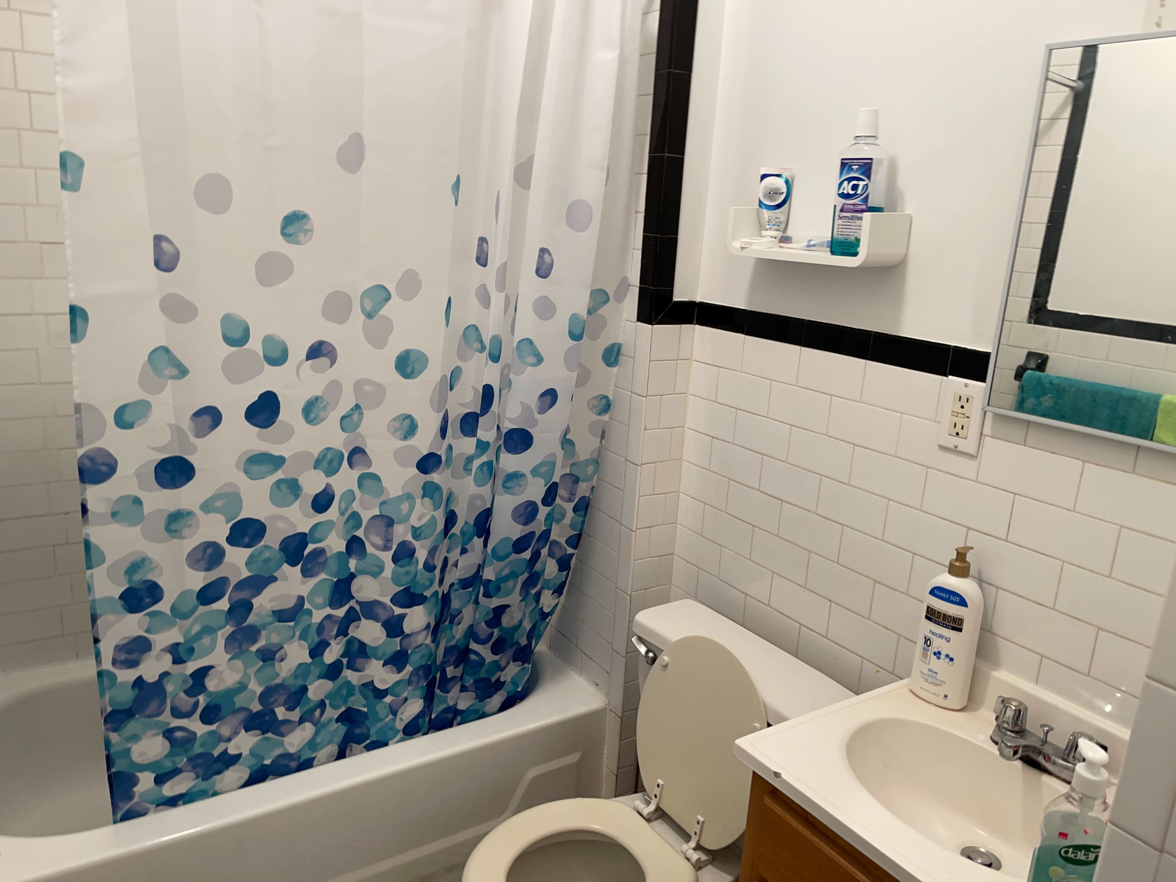 The image shows a bathroom featuring a bathtub with a patterned shower curtain, a toilet, and a sink with toiletries arranged on the counter.