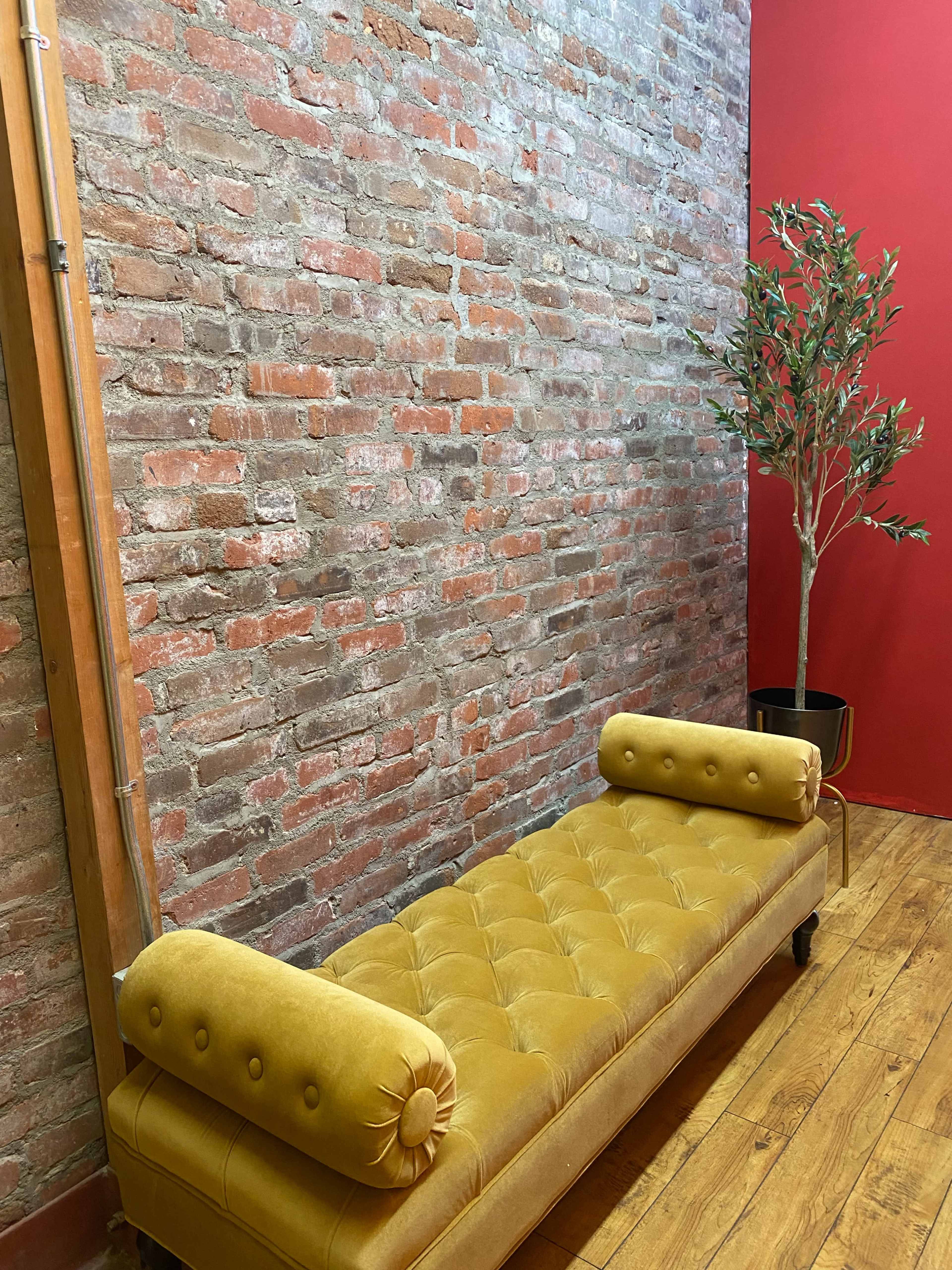 The scene features a yellow tufted bench against a brick wall, with a potted plant in the corner and a red wall behind.