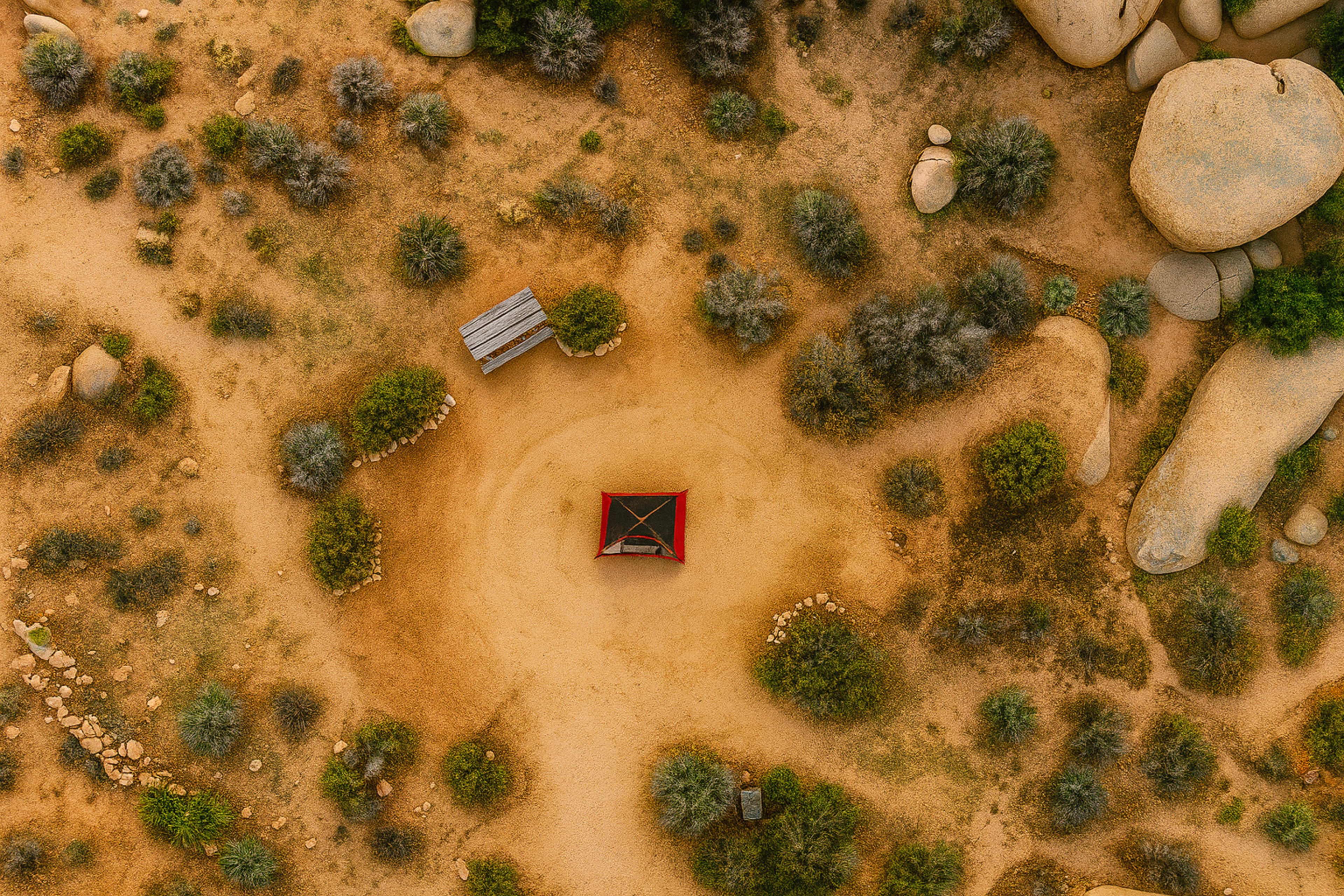 The image shows an aerial view of a circular clearing surrounded by sparse vegetation and large boulders, with a red canopy structure in the center and a wooden bench nearby.