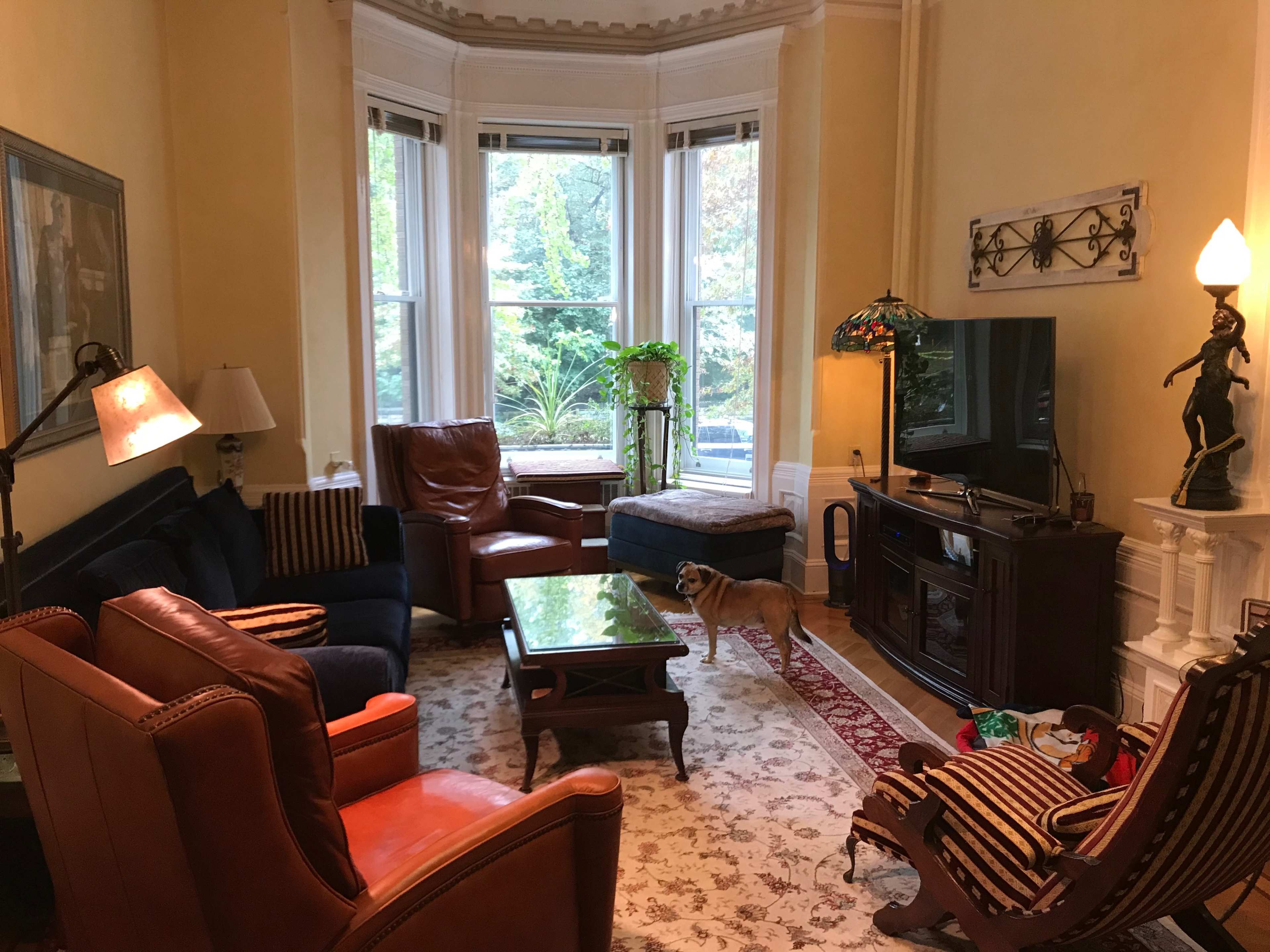 The living room features a mix of brown leather and upholstered armchairs, a green coffee table, and a television near a window overlooking a garden.
