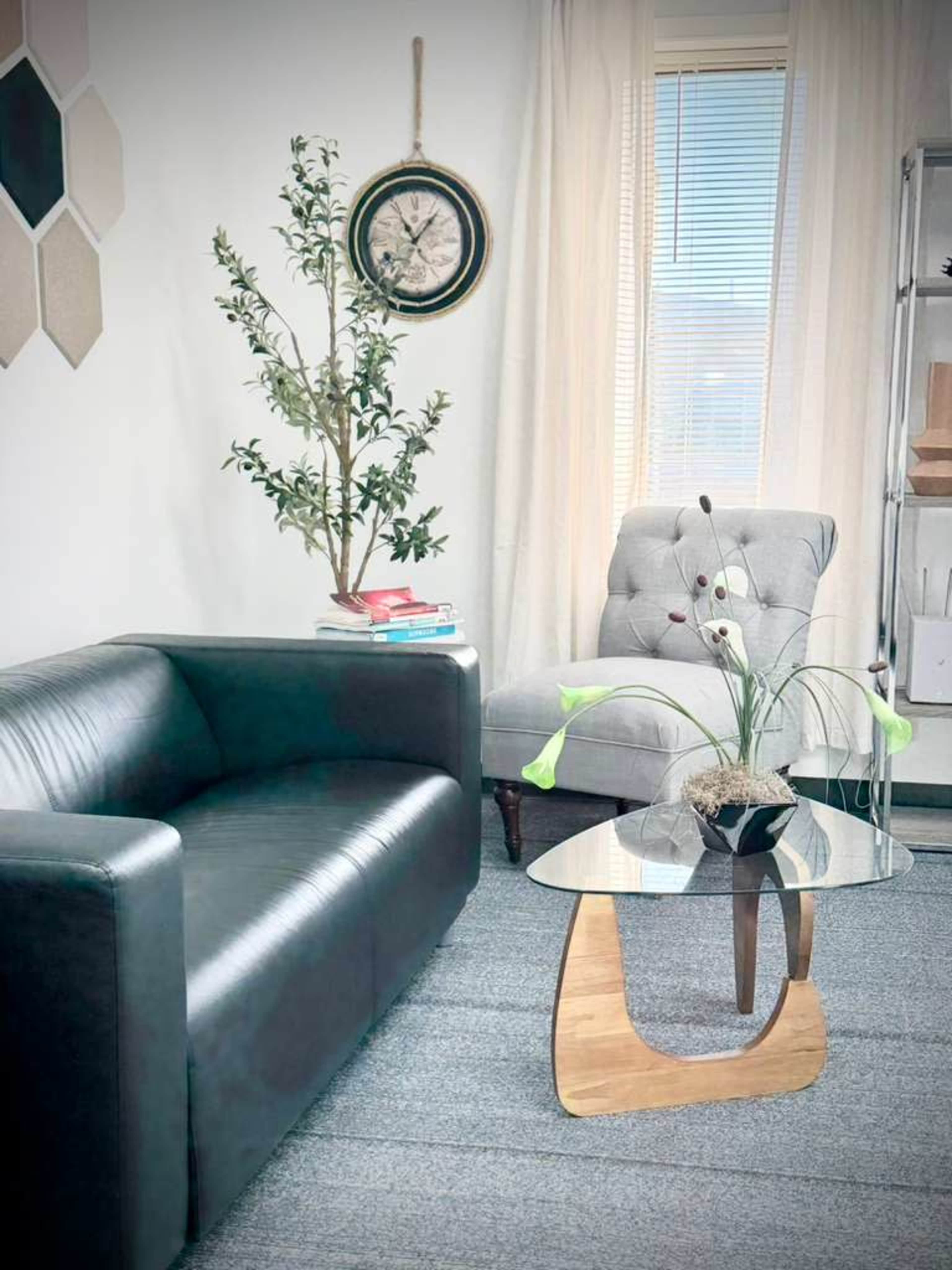 The image shows a modern living room featuring a black leather couch, a gray armchair, a glass coffee table with a wooden base, and a decorative plant beside the furnishings.