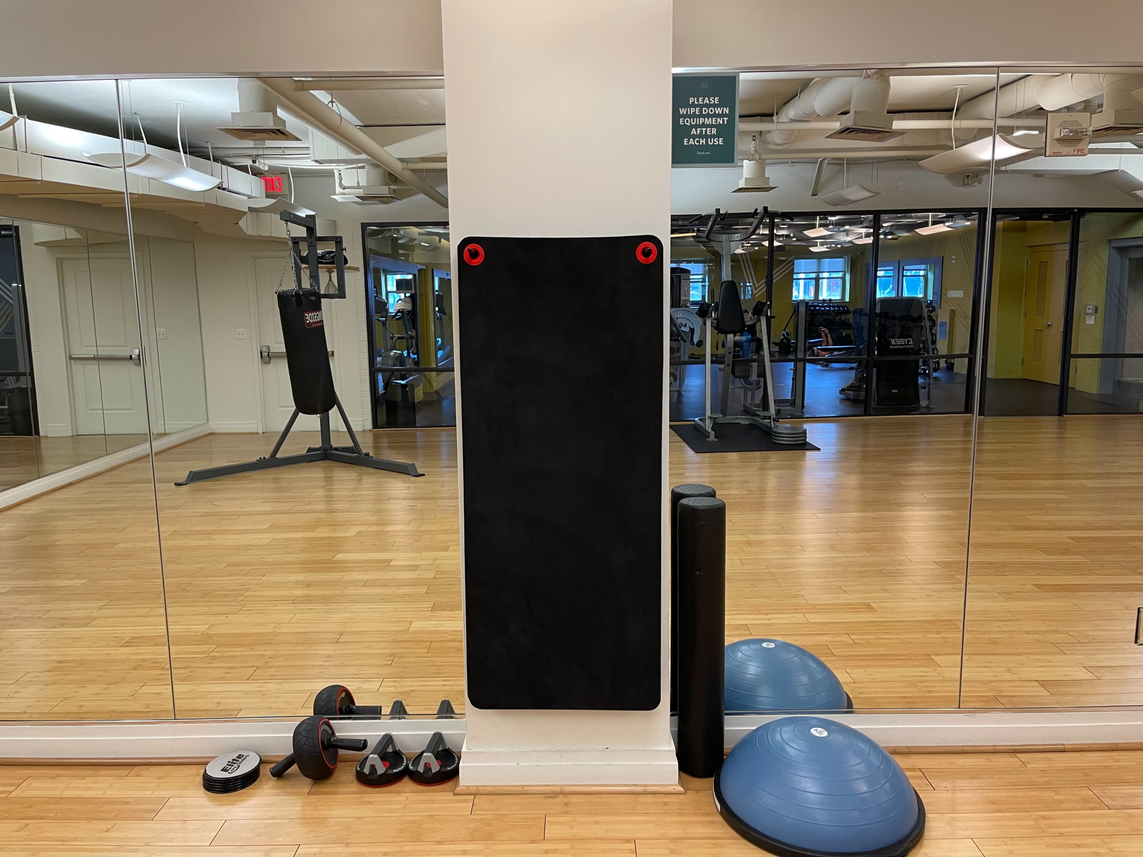 A black wall-mounted mat is positioned between two mirrors in a well-lit gym, with fitness equipment visible in the background.