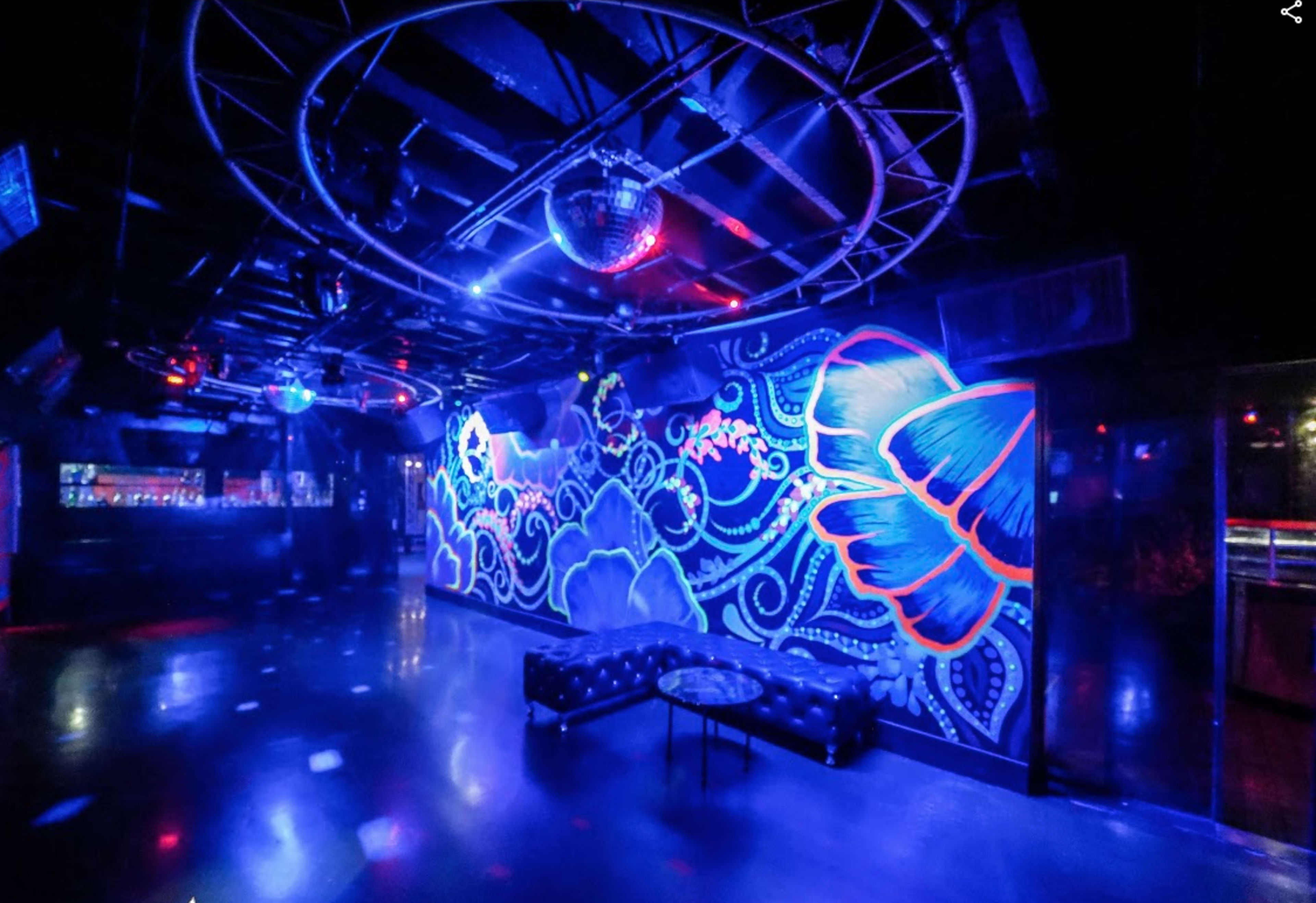 A dimly lit nightlife venue featuring a colorful mural of flowers and butterflies on one wall, with a disco ball hanging from the ceiling.