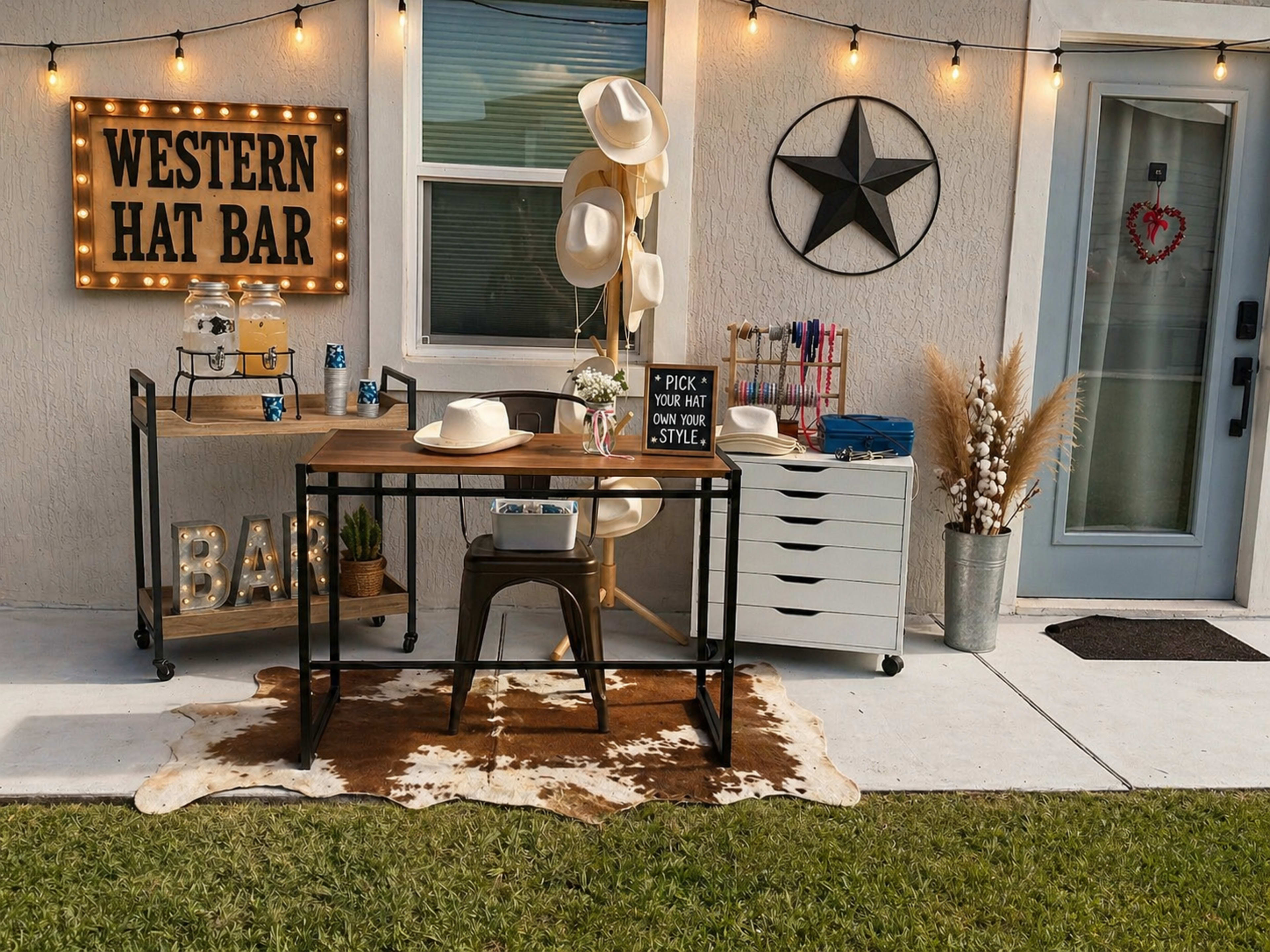The image shows an outdoor area set up as a "Western Hat Bar," featuring a wooden table with a chair, decorative hats, a variety of supplies, and string lights.