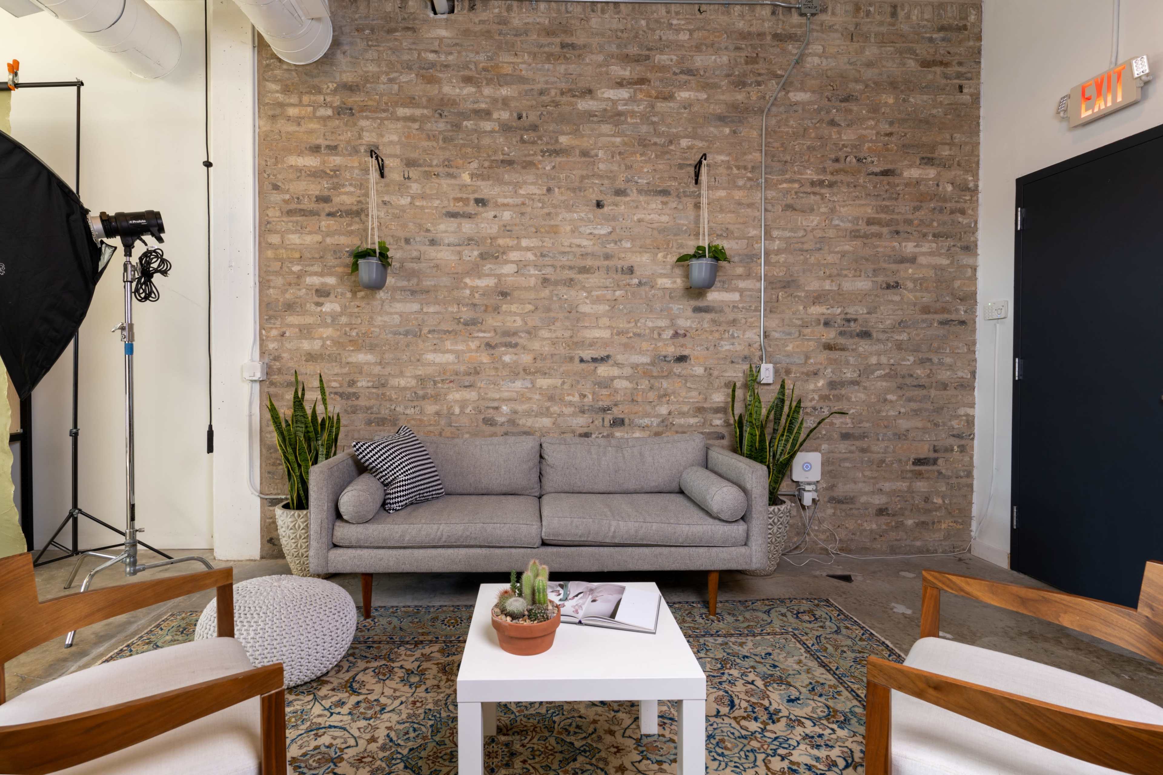 The scene features a modern lounge area with a light gray sofa, potted plants, a white coffee table, and a decorative rug against a brick wall.