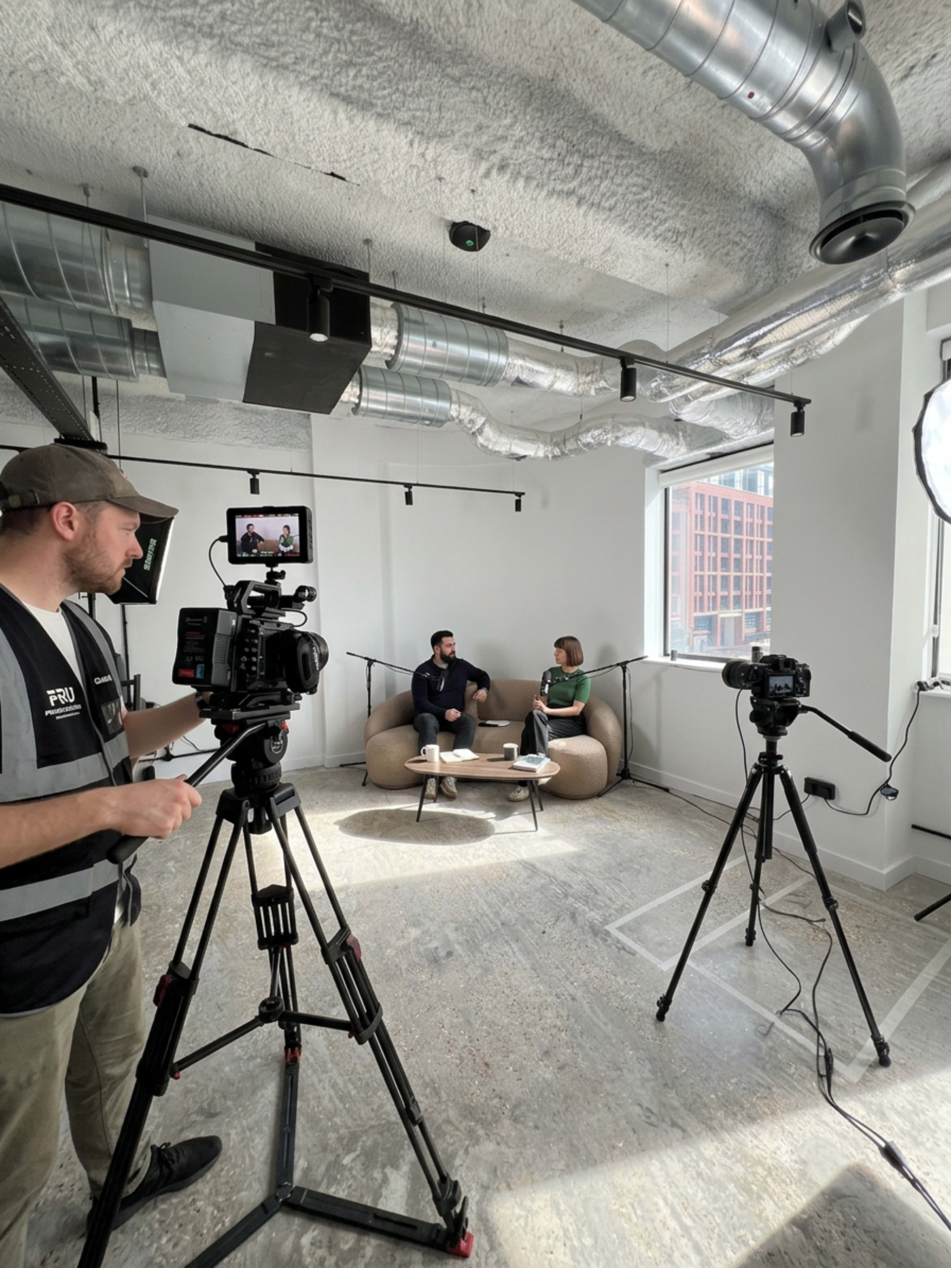 Two people are seated on a couch while a person with a camera prepares to film them in a modern office space.