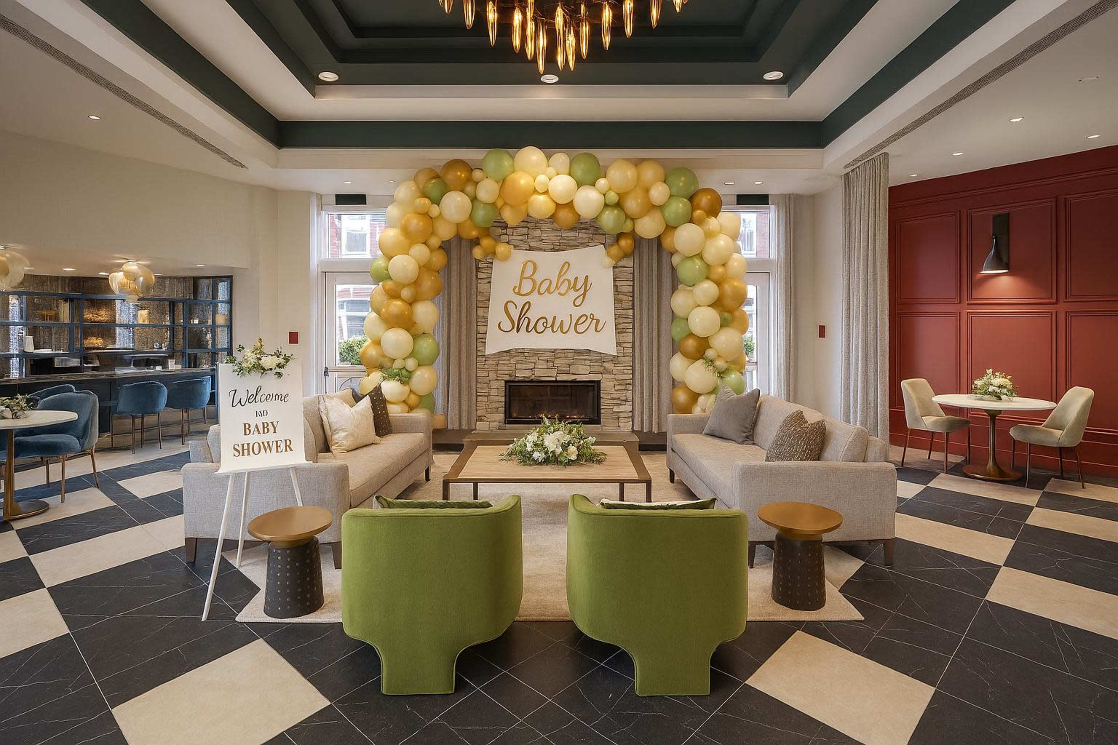 The image shows a decorated indoor space for a baby shower, featuring a balloon arch, welcome sign, and seating area with sofas and decorative tables.