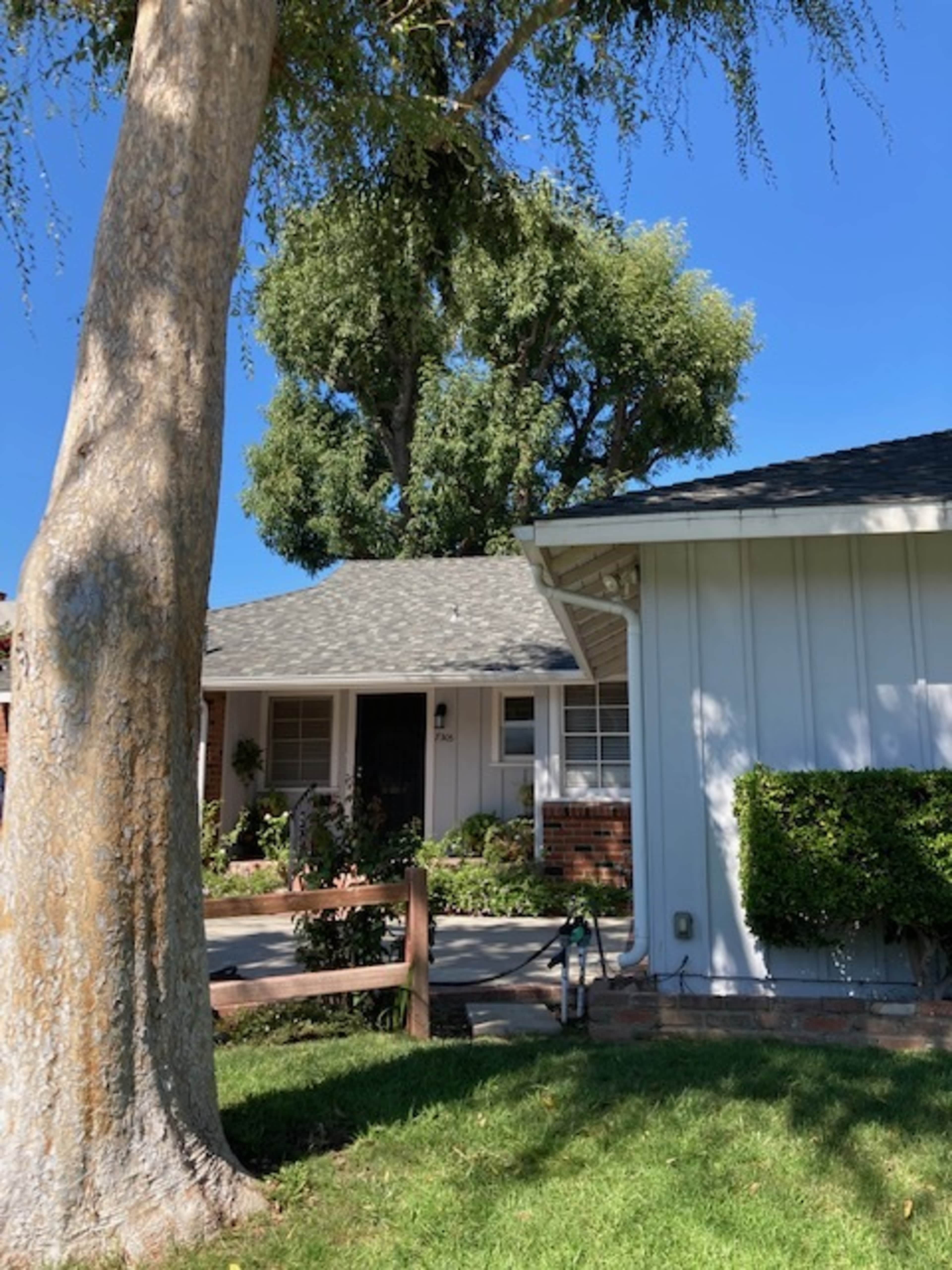 A single-story house with a gray roof, a front porch, and a large tree in the yard.