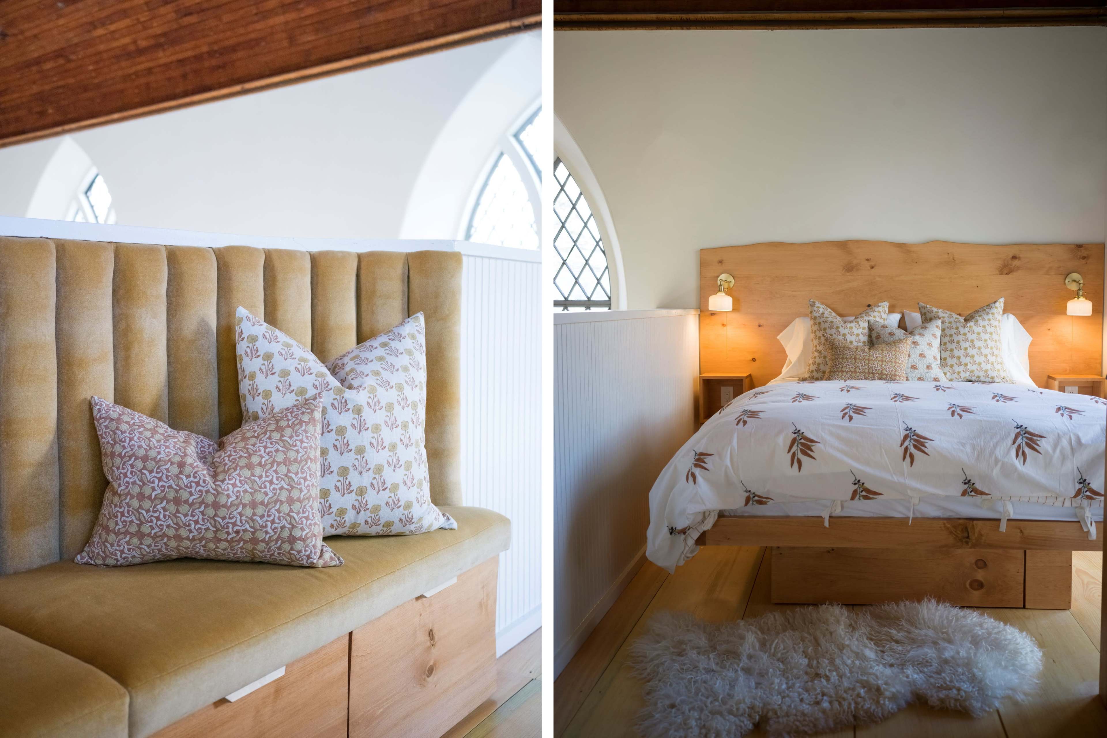 A modern bedroom featuring a wooden bed with patterned pillows and a cozy nook with upholstered seating beside it.