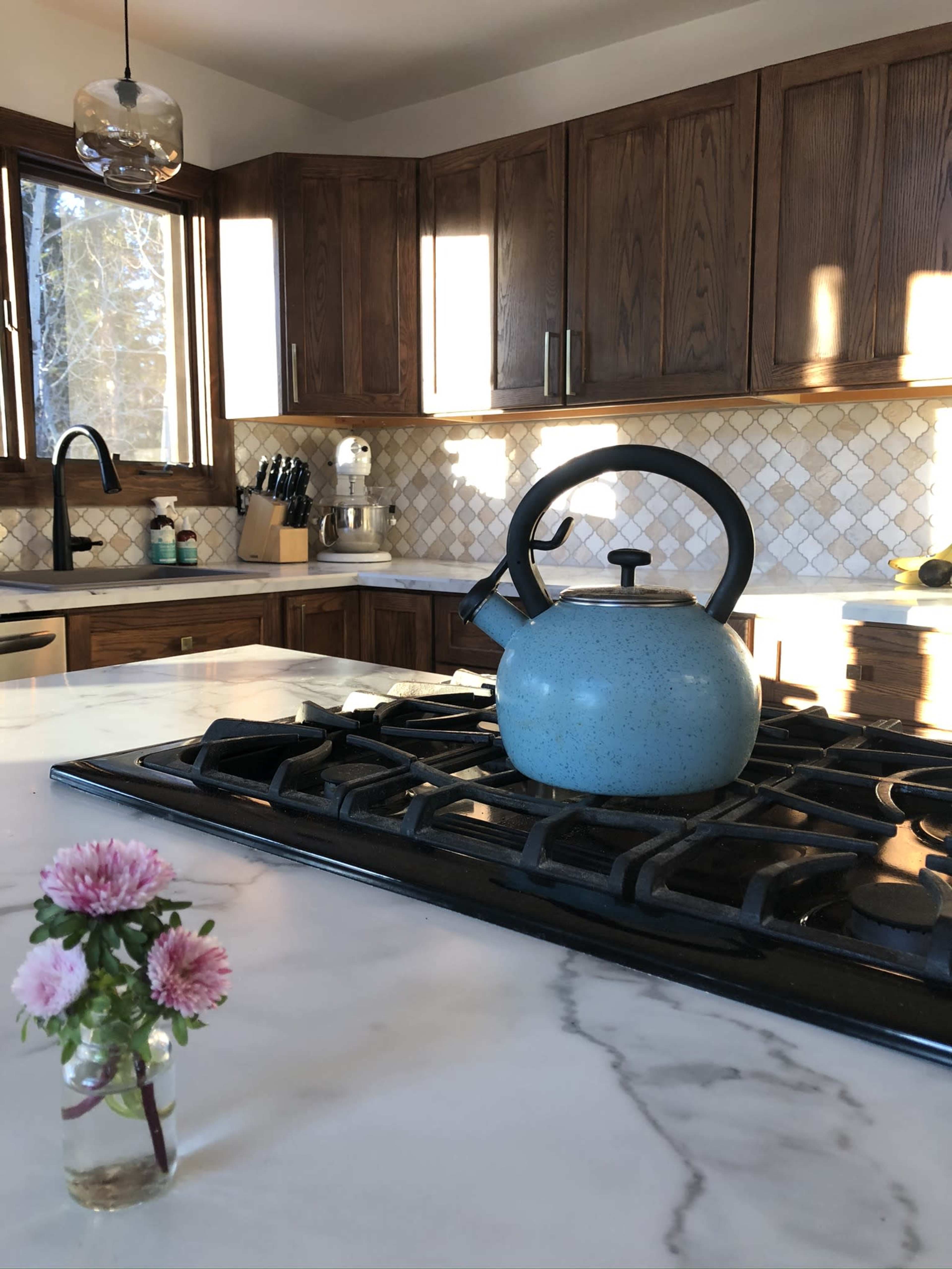 A blue kettle sits on a gas stove in a well-lit kitchen with wooden cabinets and a small vase of pink flowers on the countertop.