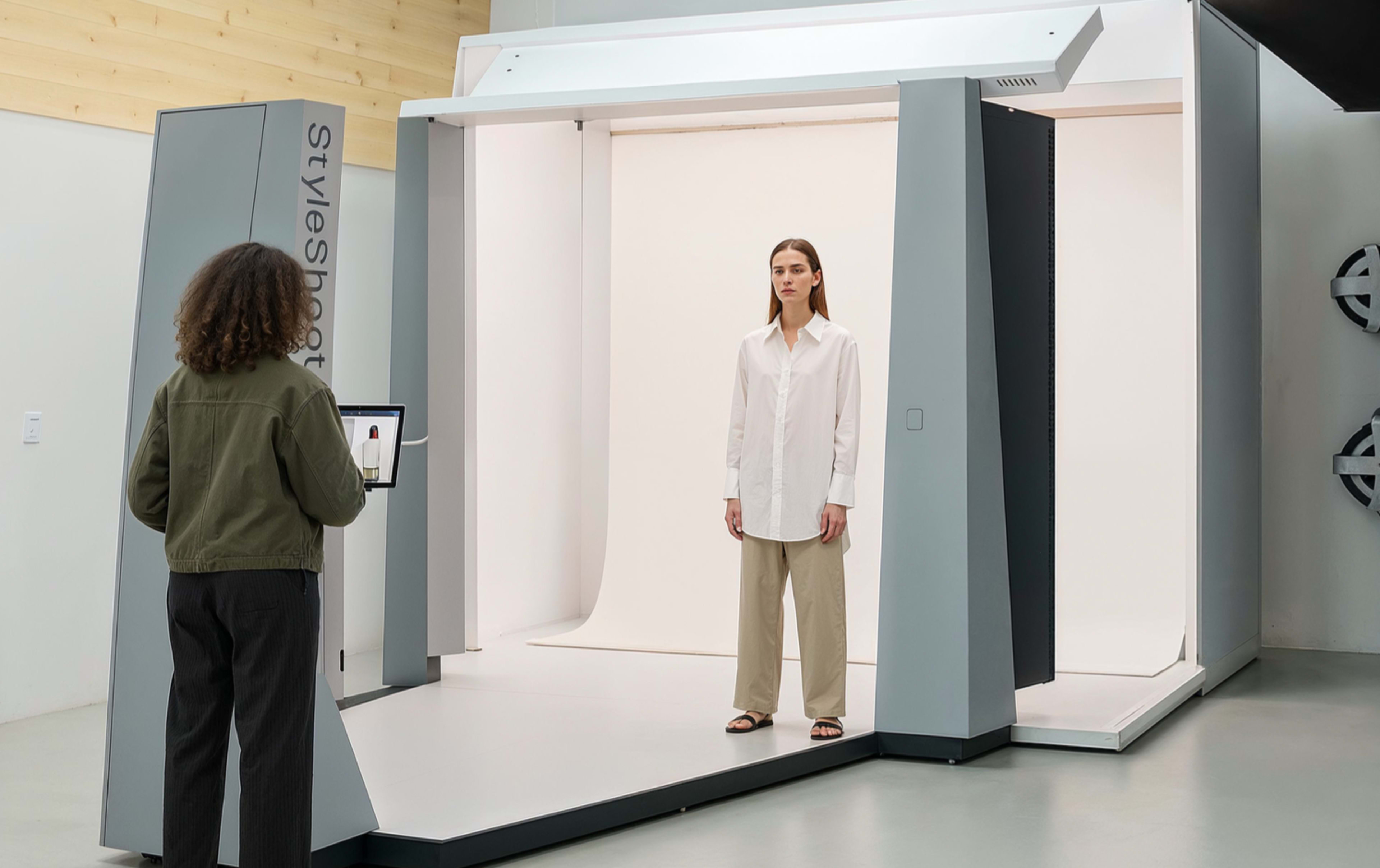 A person stands in a photo booth-like setup with a white backdrop, while another individual operates a tablet nearby.