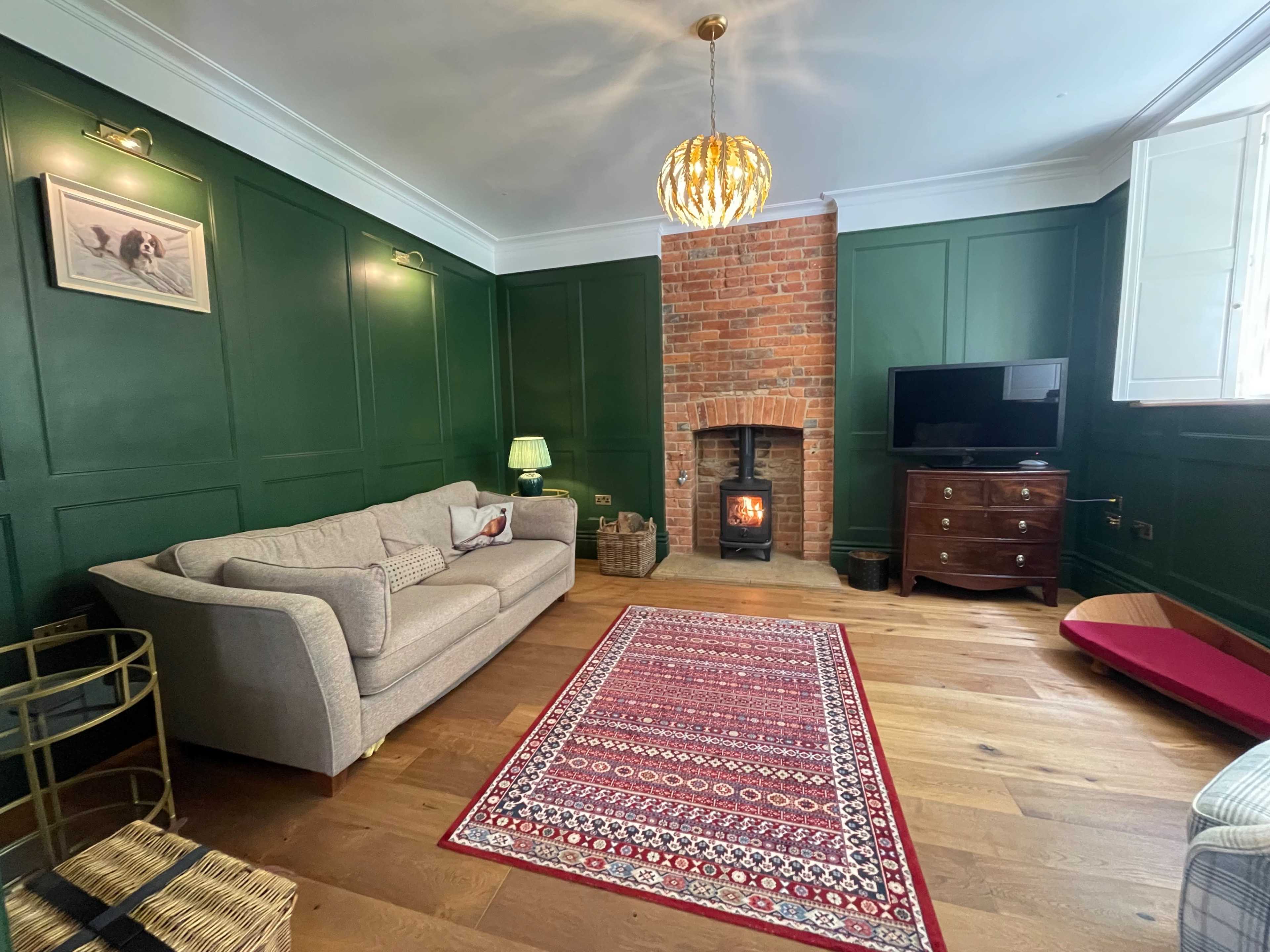 The image shows a cozy living room featuring dark green paneled walls, a brick fireplace with a glowing fire, a gray sofa, a red patterned rug, and a television.