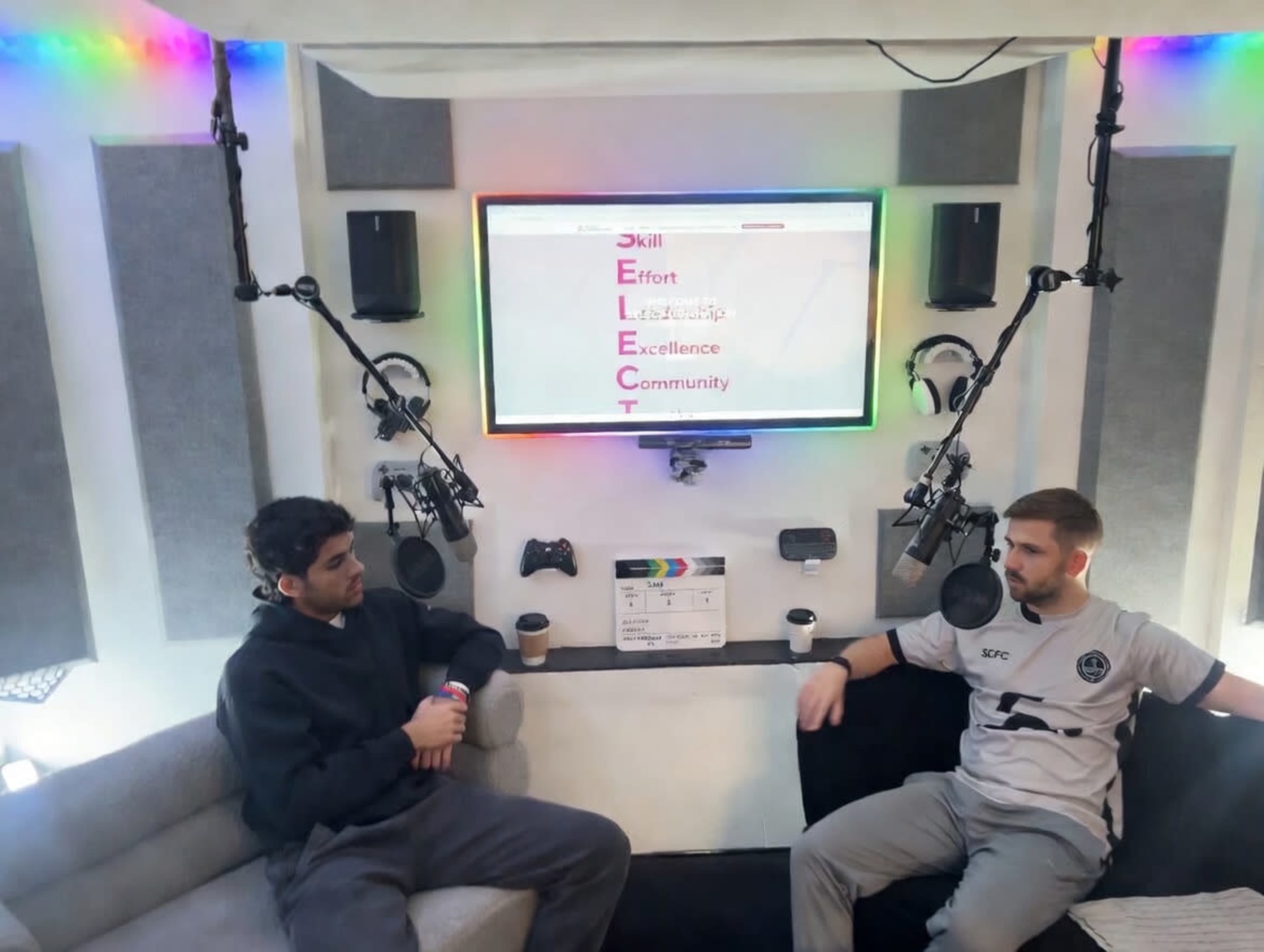 Two men sit in a modern studio space equipped with microphones and gaming consoles, engaging in conversation while a digital screen displays the word "ELECT" with related attributes.