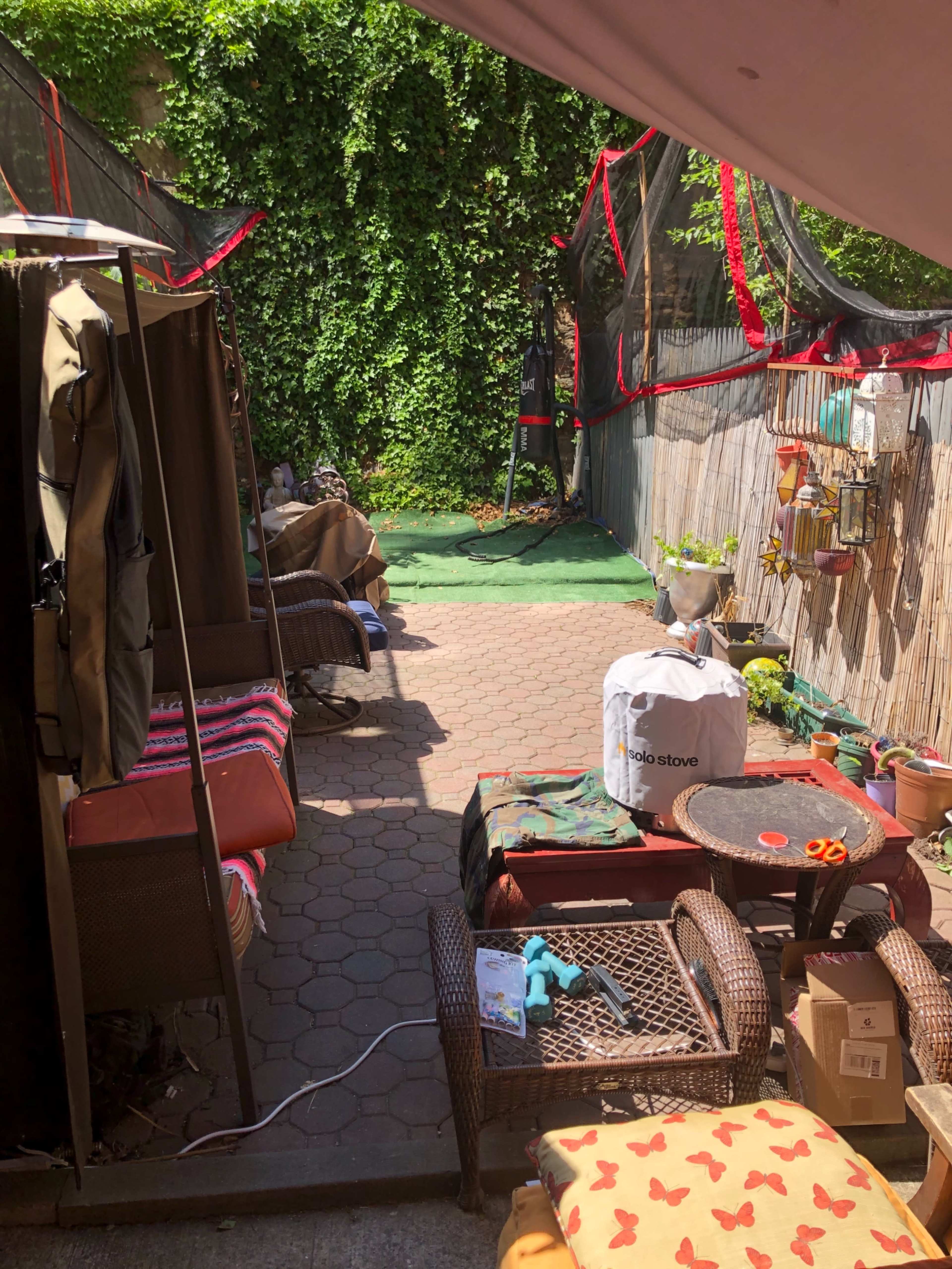 A narrow outdoor area with seating arrangements, potted plants, and a small green patch, bordered by walls covered in greenery.