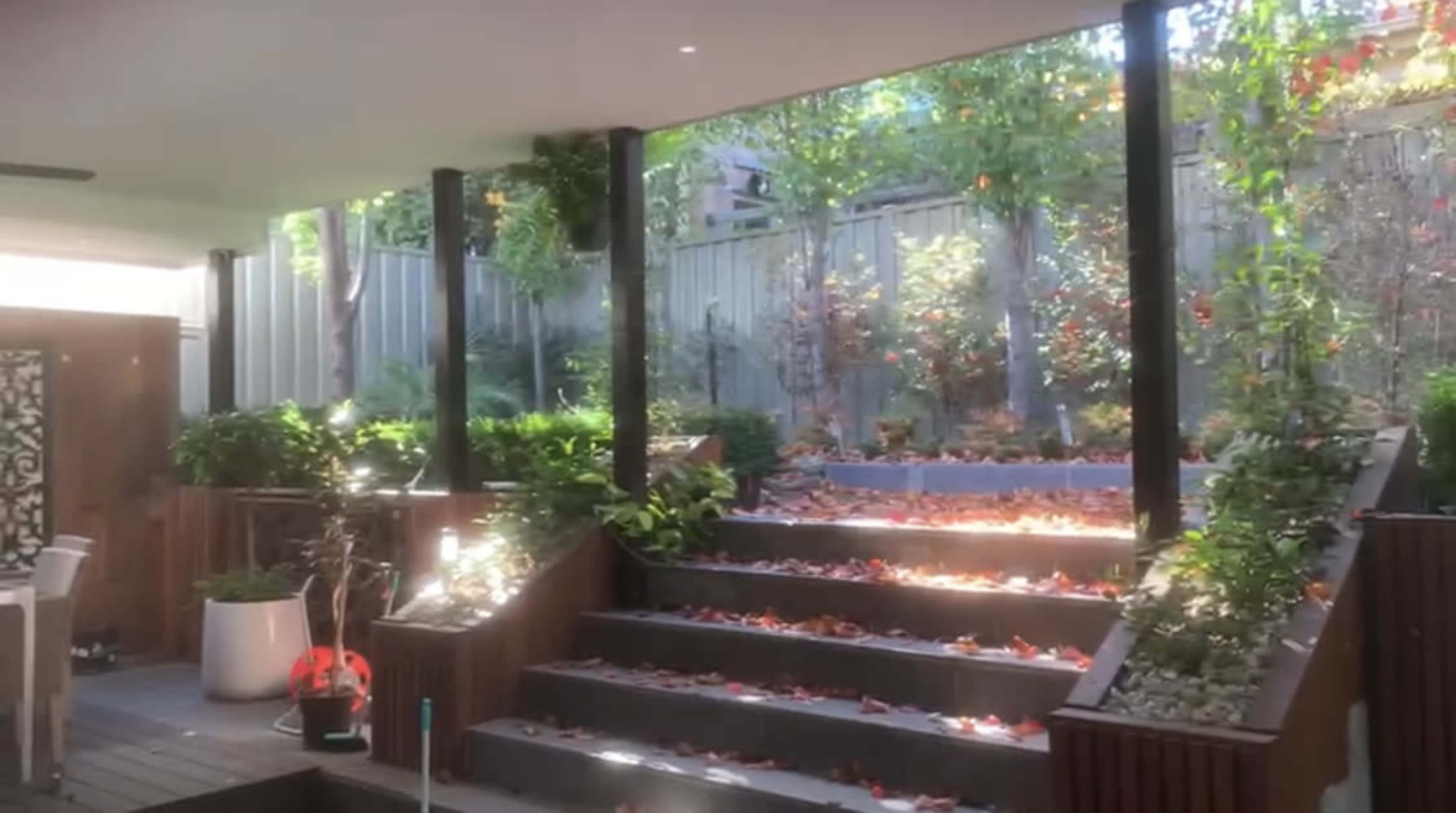 The image shows a garden area with wooden stairs covered in autumn leaves, flanked by plants and a fence in the background.