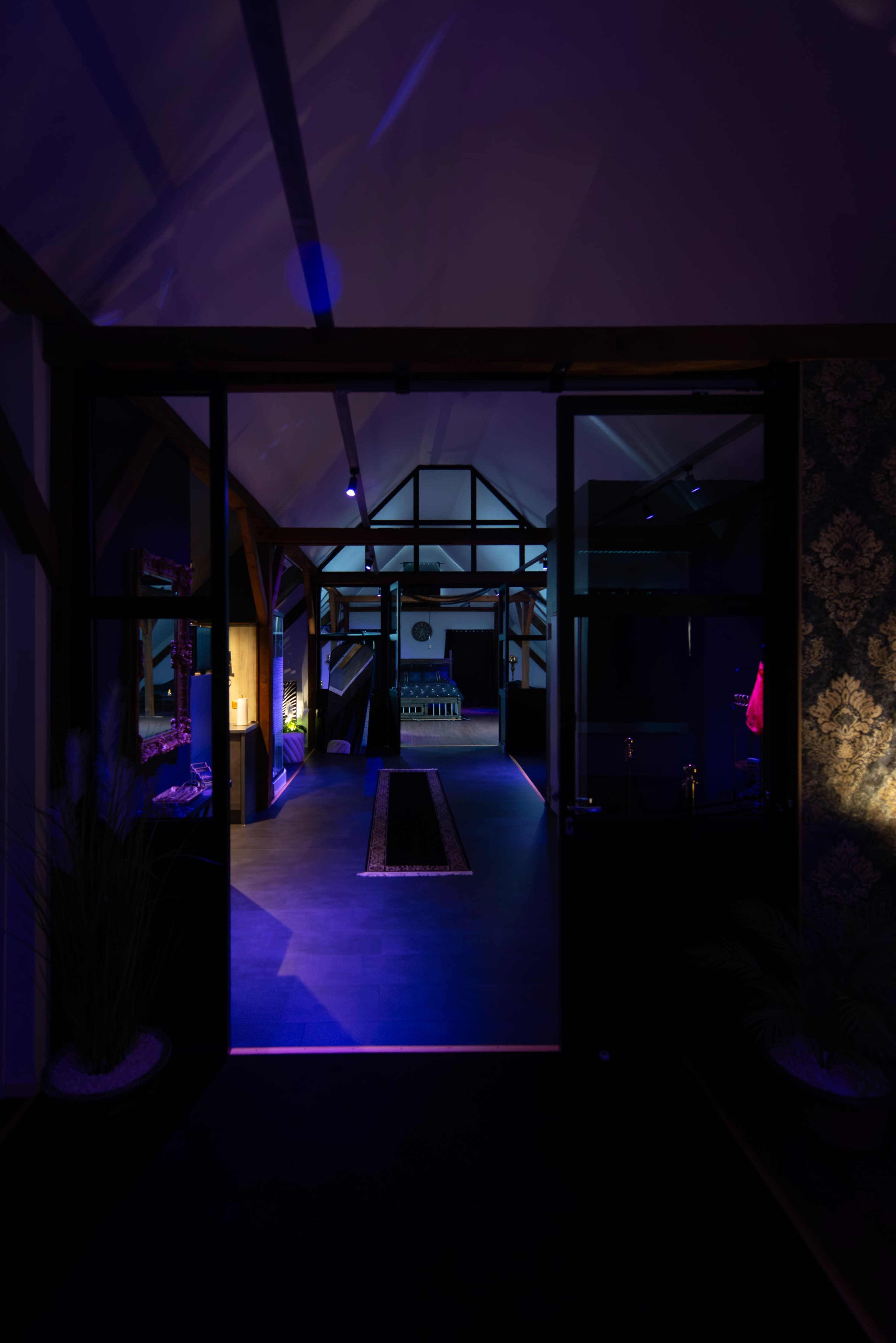 The image shows an interior entrance leading into a dimly lit hallway with a mix of blue and purple lighting.