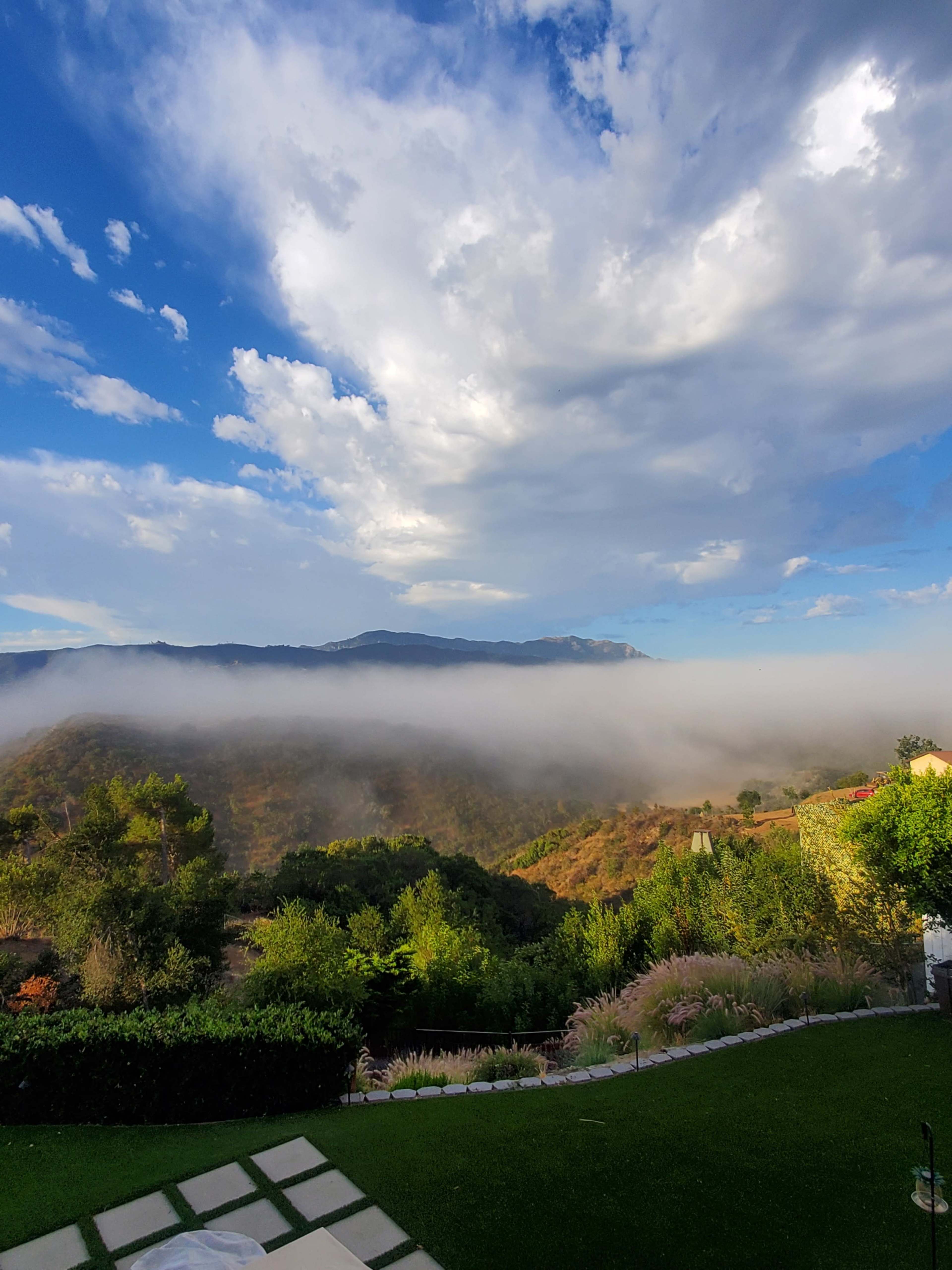 A landscape view of rolling hills partially obscured by fog under a cloudy sky.