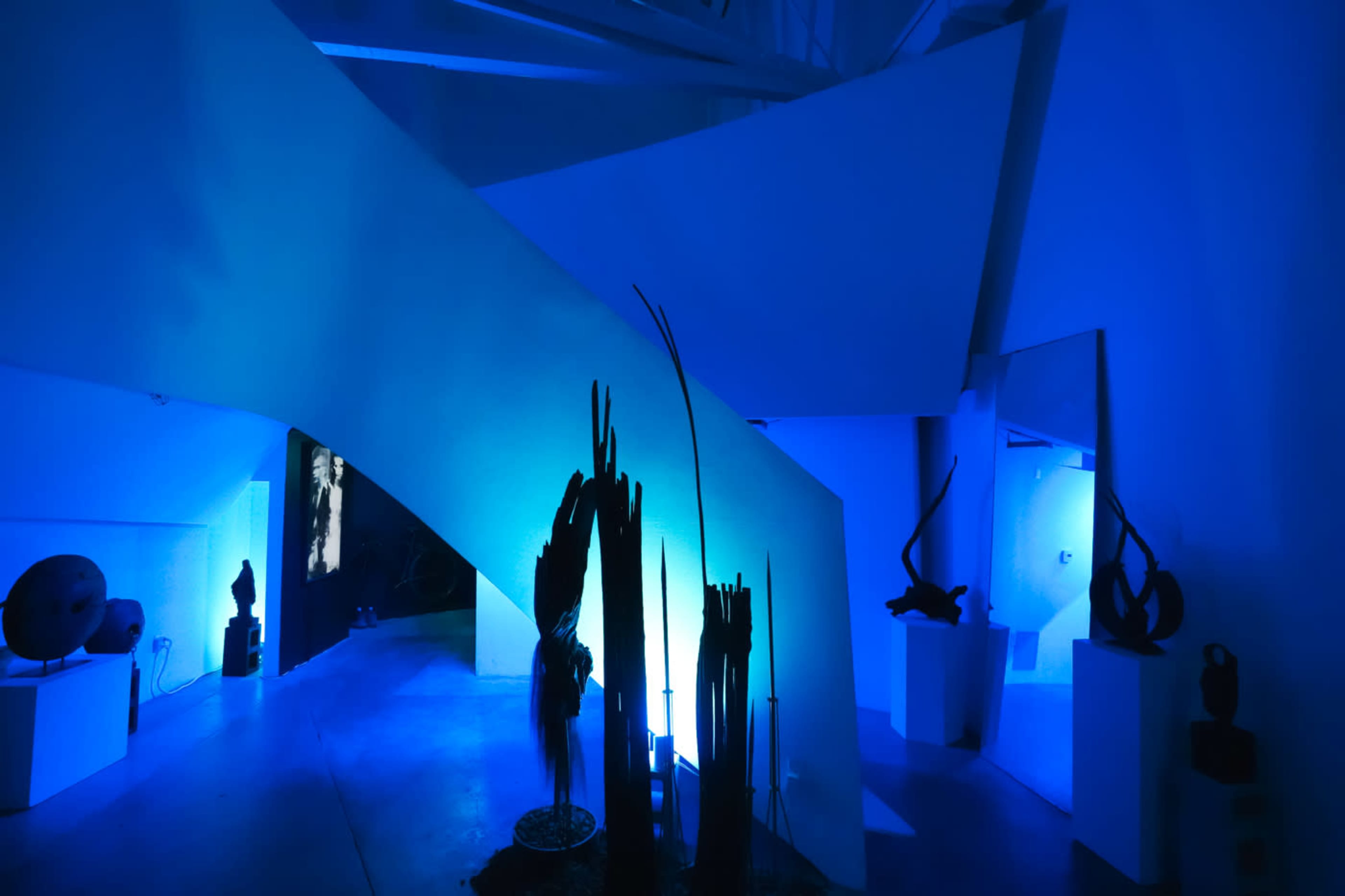 The image shows a contemporary art gallery with curved white walls and dim blue lighting illuminating various sculptures and installations.
