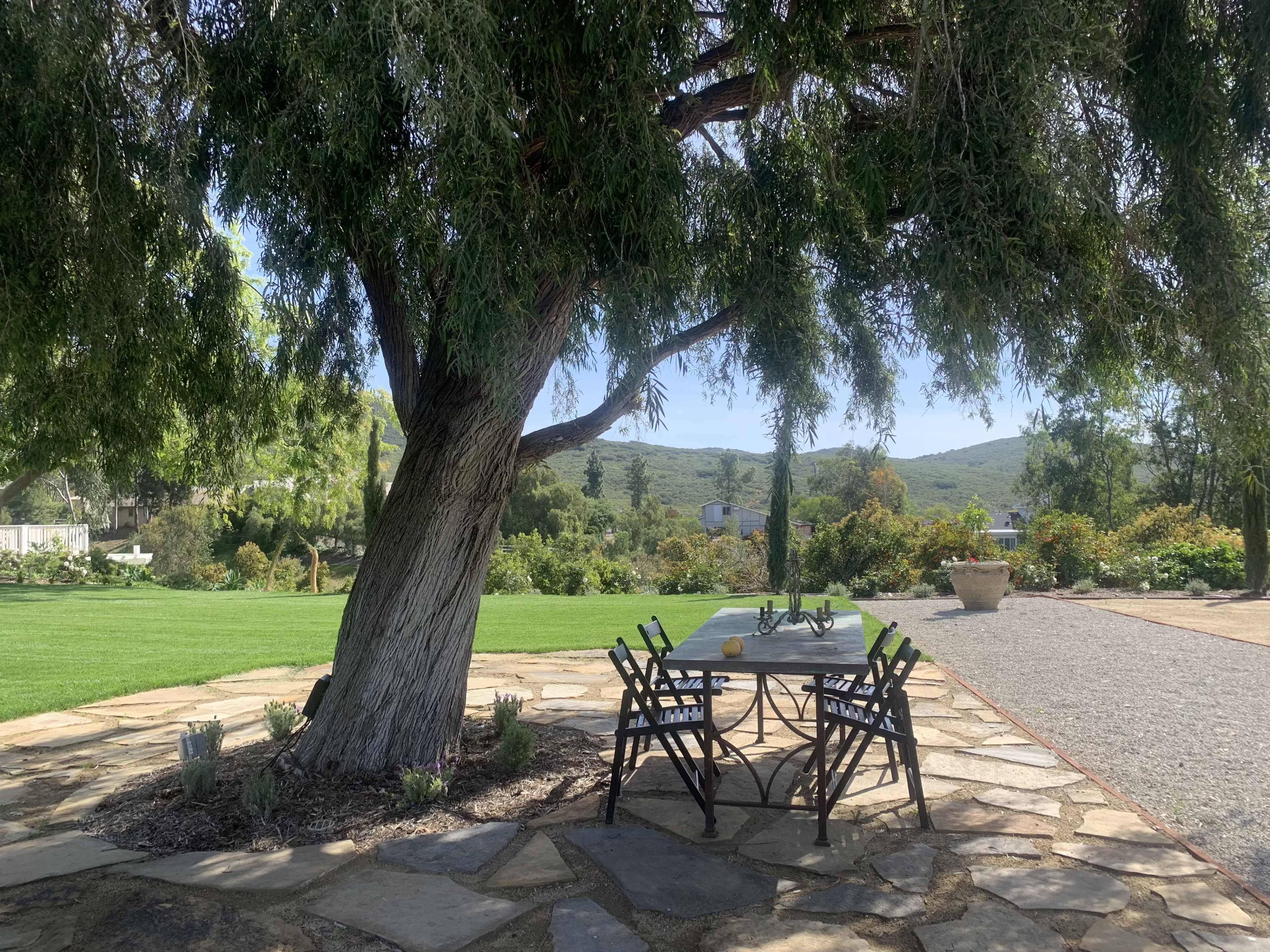 A stone patio features a table and chairs under a large tree, with a green lawn and rolling hills in the background.