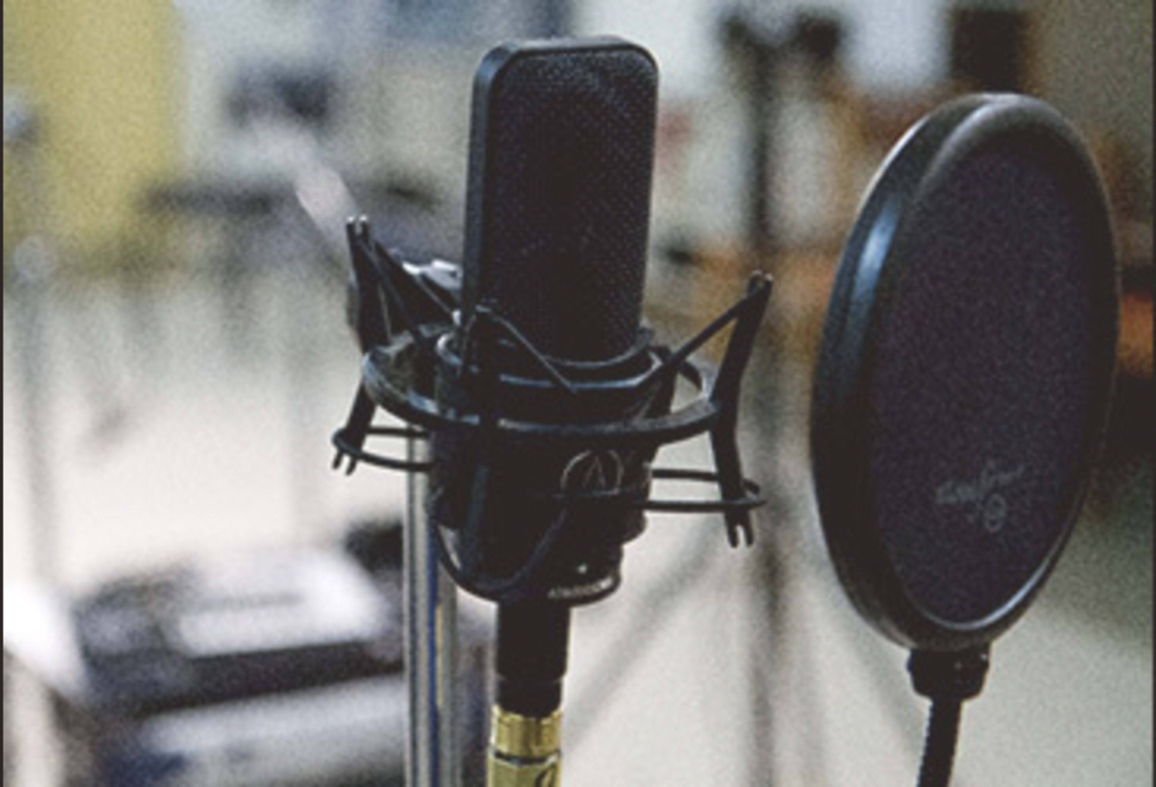 A studio microphone on a stand next to a pop filter in a recording environment.