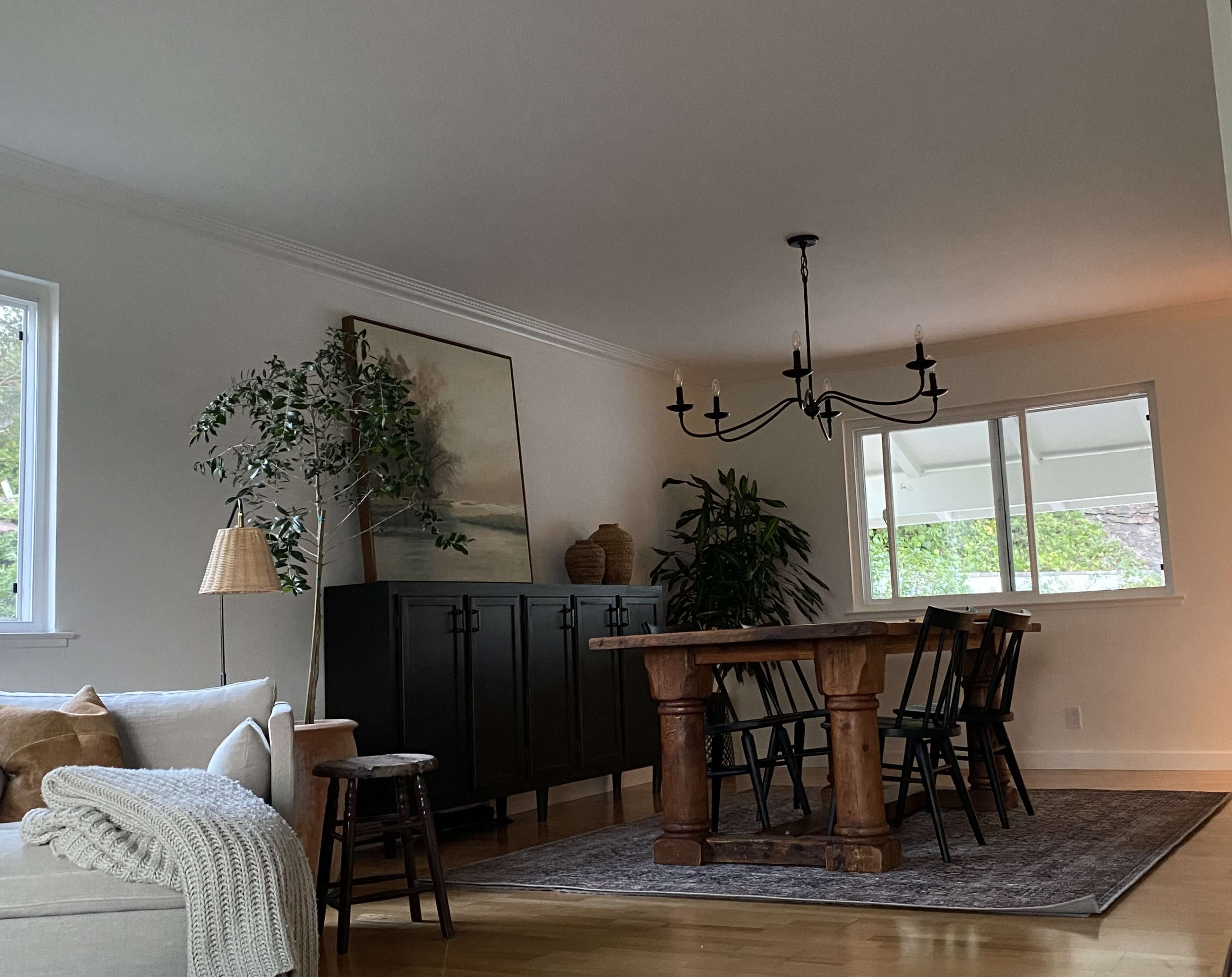 A dining room features a large wooden table surrounded by chairs, a cabinet, and a plant, with windows allowing natural light to enter.