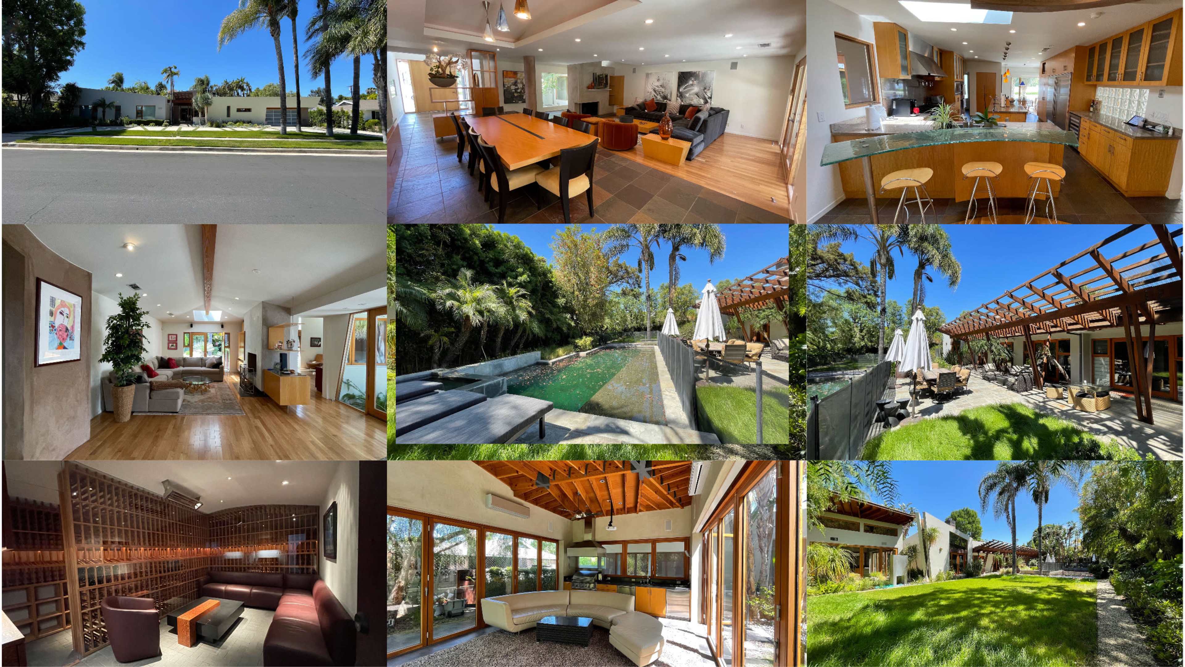 Various views of a spacious modern home featuring interior rooms, a kitchen, outdoor patio areas, a swimming pool, and landscaped gardens.