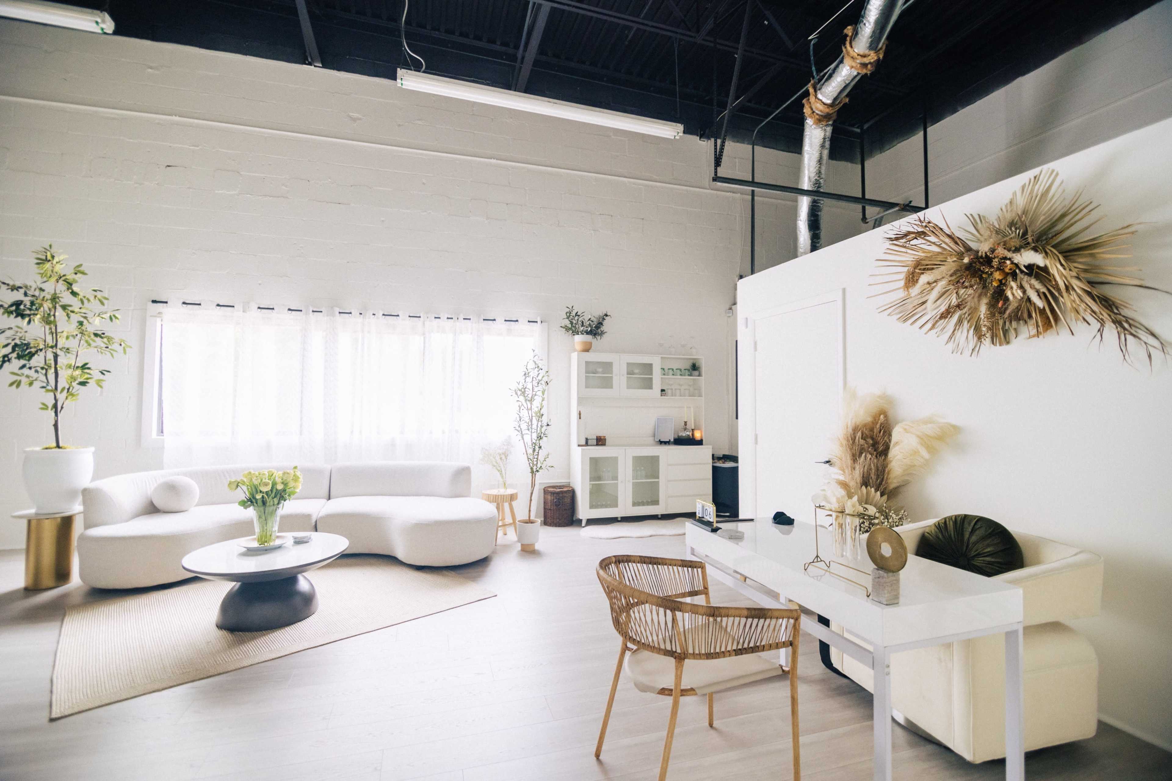 The image shows a modern, minimalist interior featuring a light-filled living space with a curved sofa, a round coffee table, and a decorative plant.