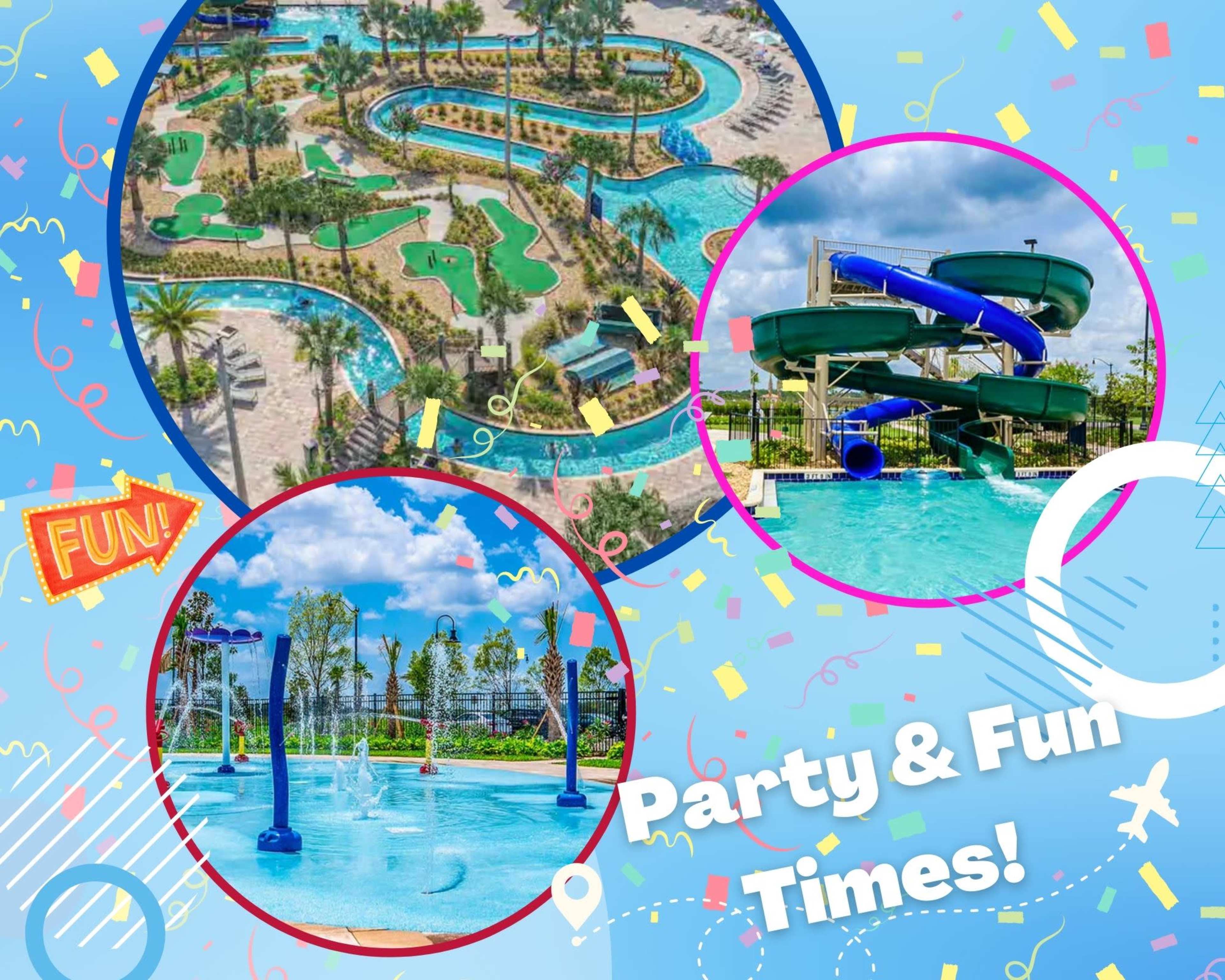 The image features a vibrant water park with a winding lazy river, water slides, and interactive splash areas, all set against a backdrop of palm trees and bright blue skies.
