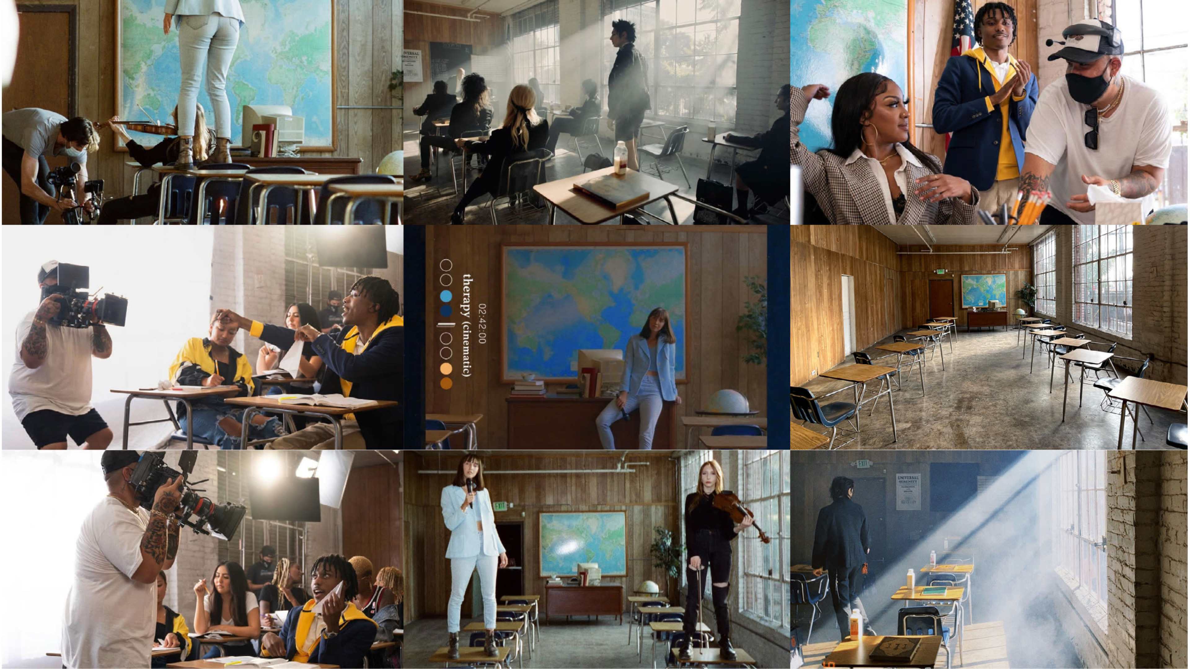 A series of scenes shows a film or photo shoot taking place in a classroom setting with various individuals, including actors and crew members, interacting and preparing shots against a backdrop of world maps.