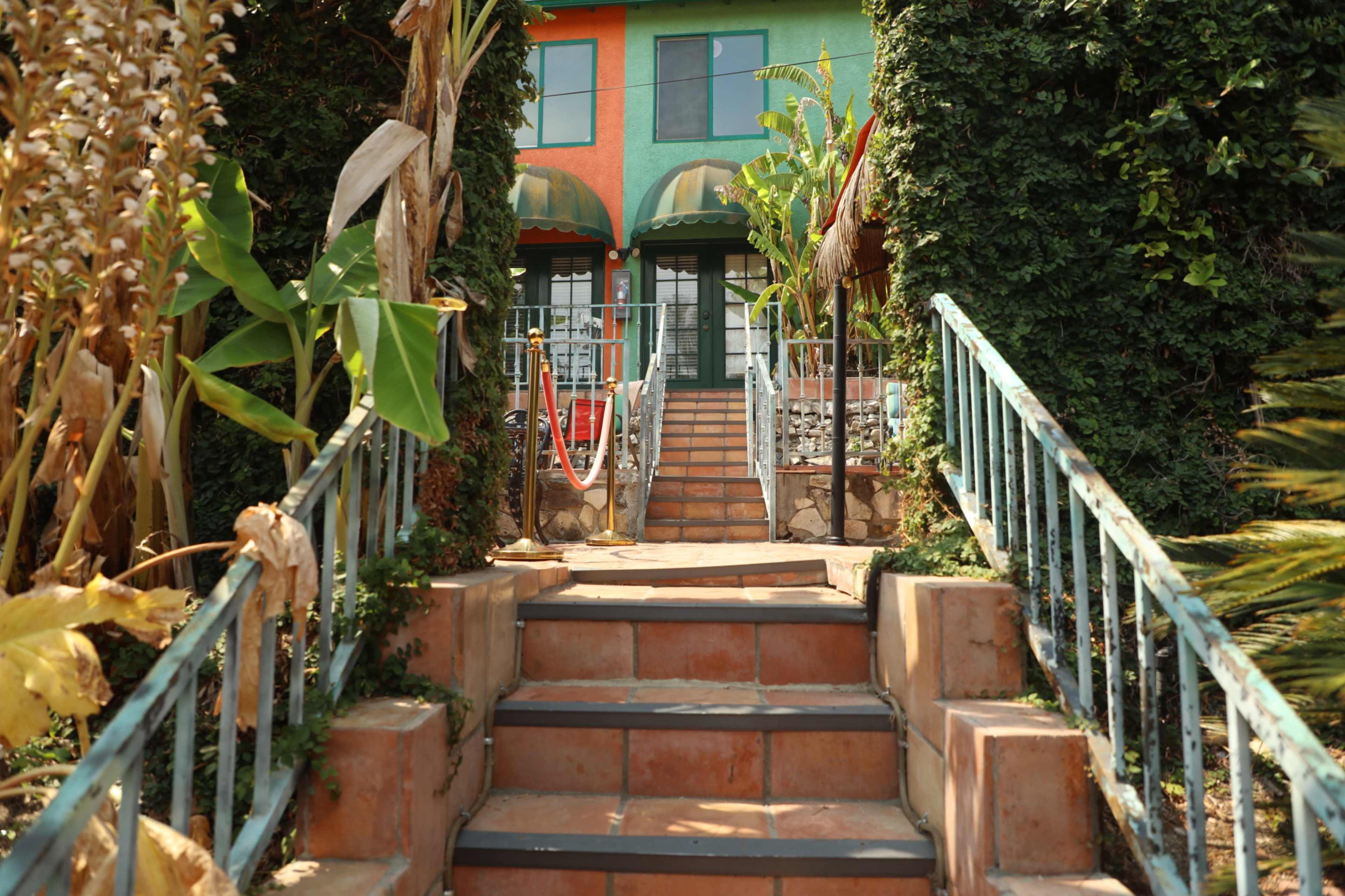 A staircase leads to a colorful building surrounded by lush greenery and tropical plants.