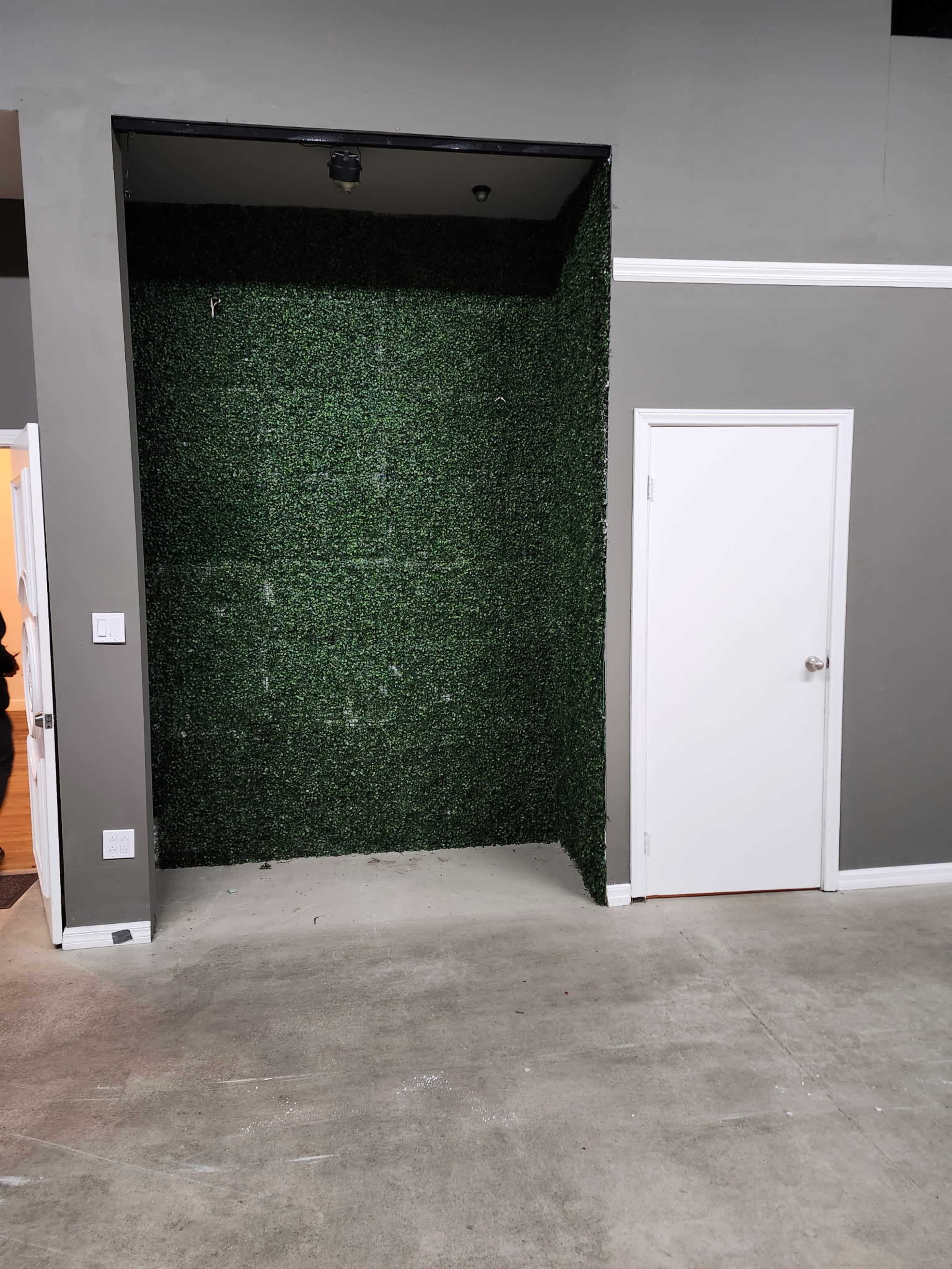 The image shows a wall covered in artificial grass, with a doorway to the right and a bare concrete floor.