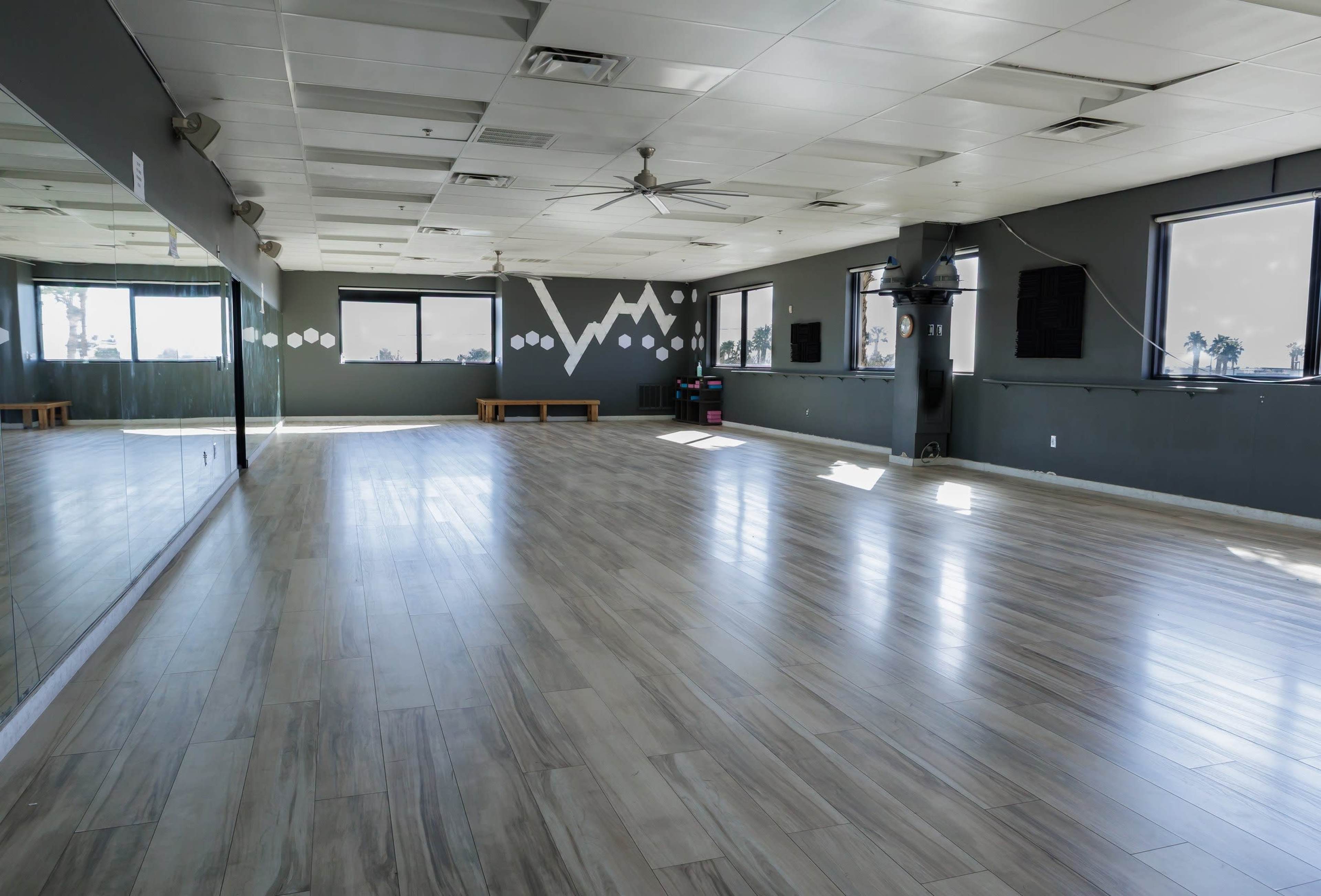 The image shows a spacious dance studio with wooden flooring, mirrors on one wall, and large windows overlooking an outdoor view.