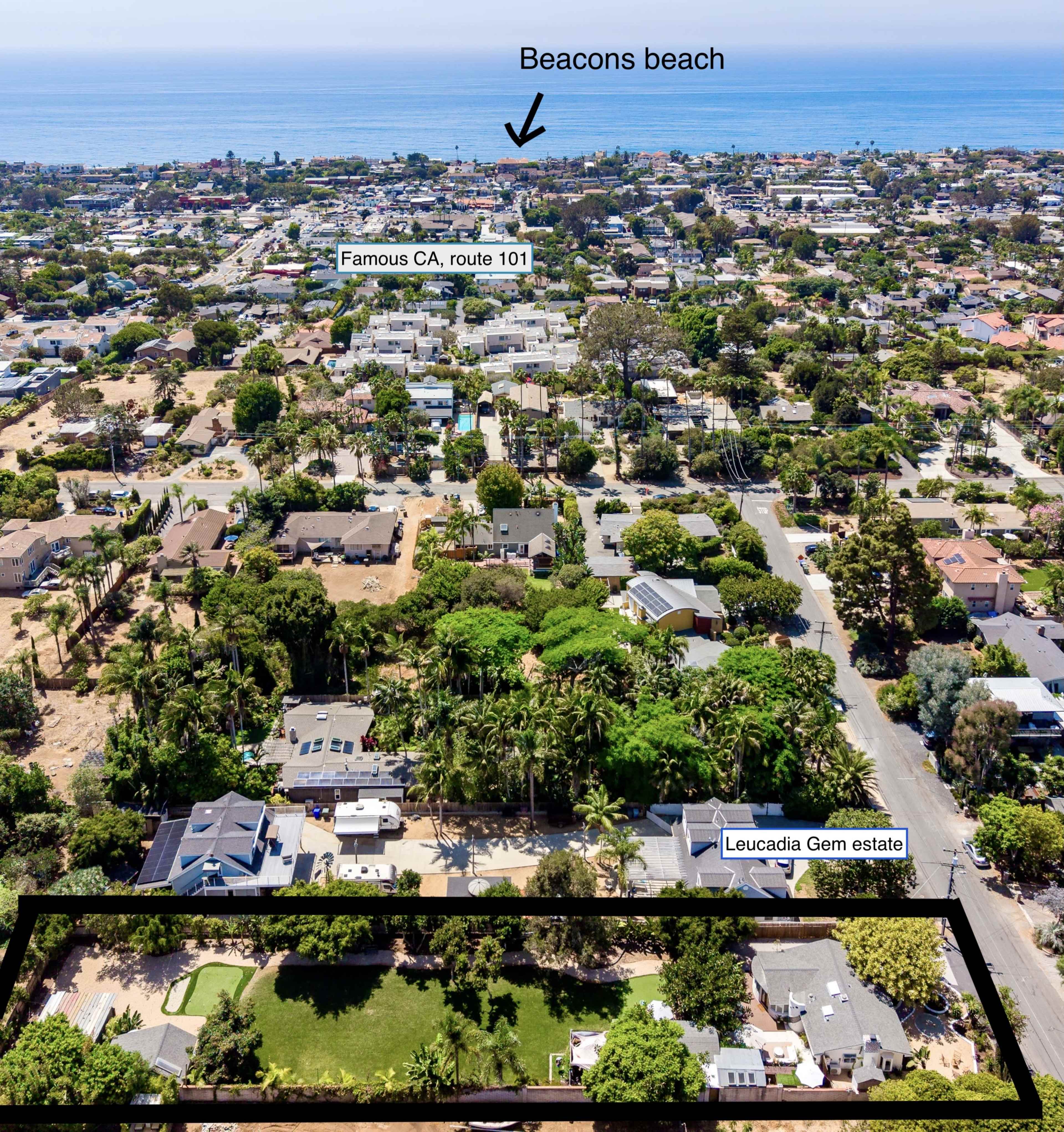 The image shows an aerial view of a coastal neighborhood with residential areas, including Beacons Beach and notable landmarks like Leucadia Gem estate and California Route 101.