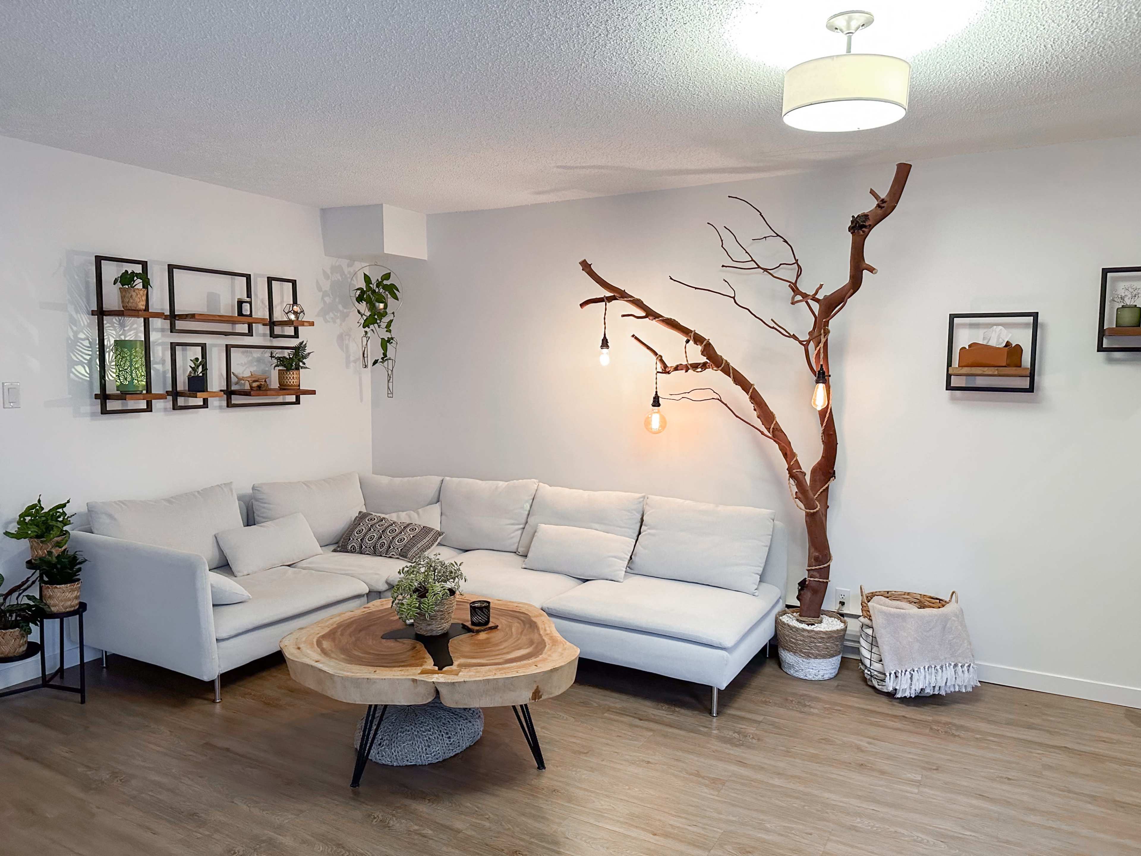 A modern living room features a light-colored sectional sofa, a wooden coffee table, and decorative plants along with wall-mounted shelves and art.